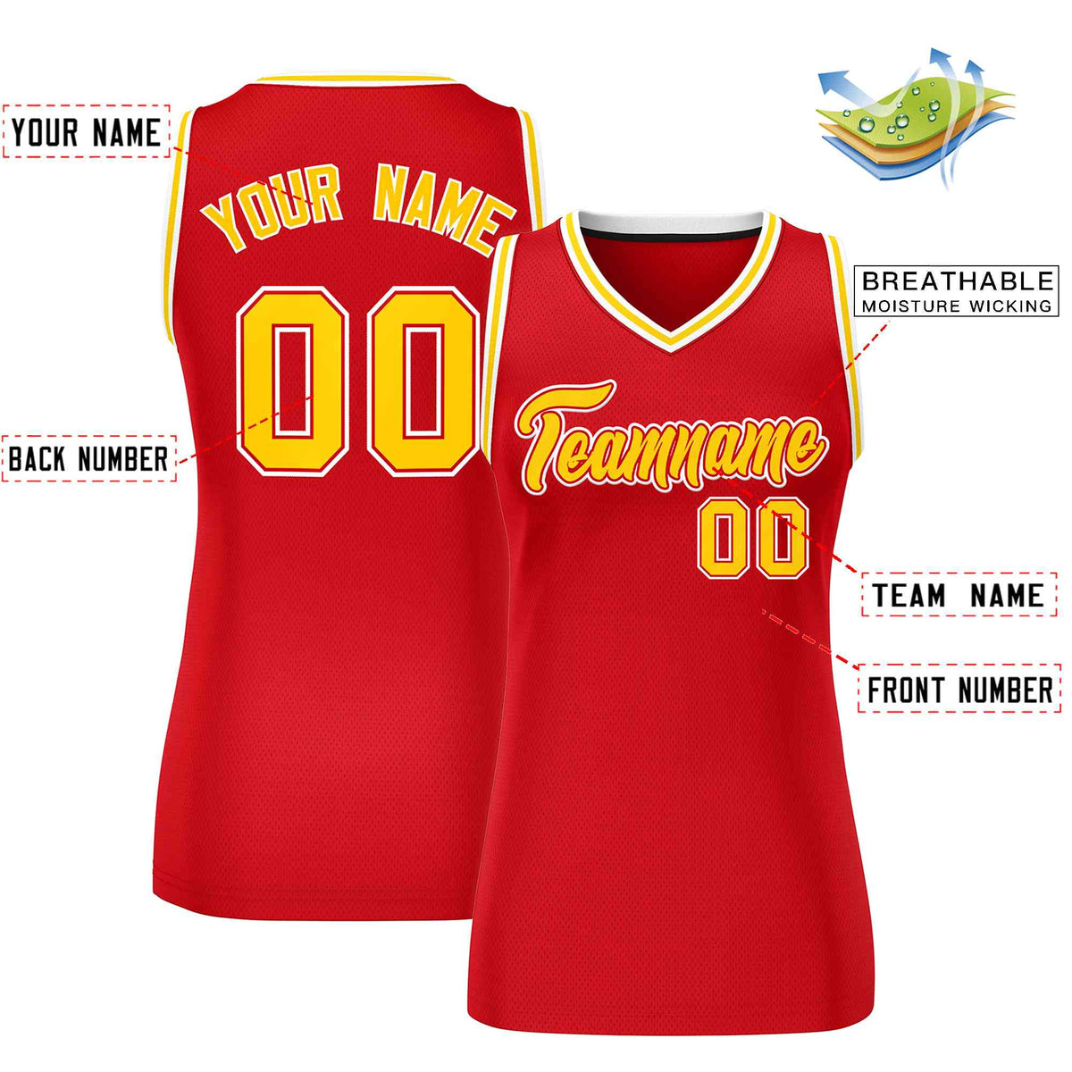 Maillot de basket-ball classique personnalisé rouge, or et blanc pour femme