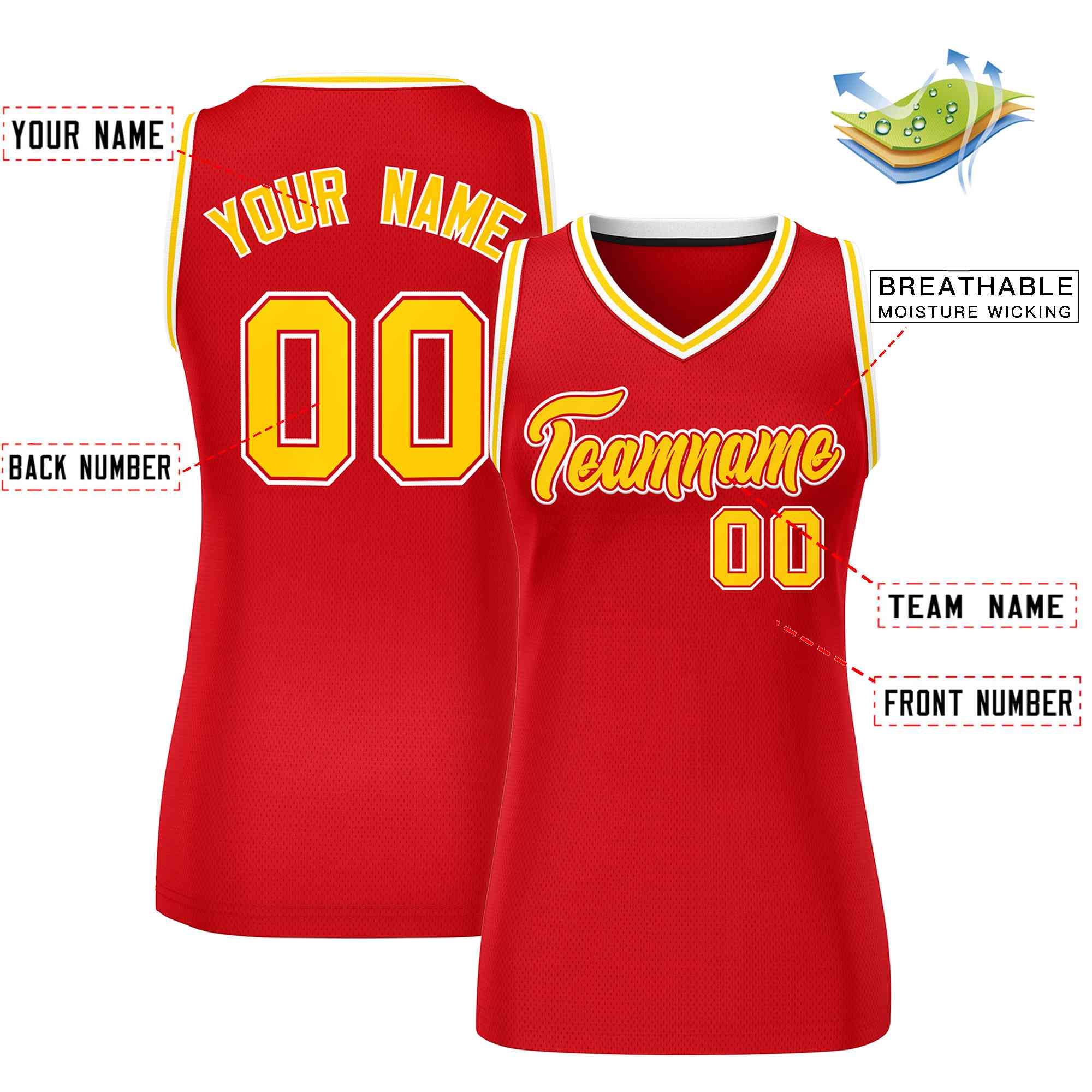 Maillot de basket-ball classique personnalisé rouge, or et blanc pour femme