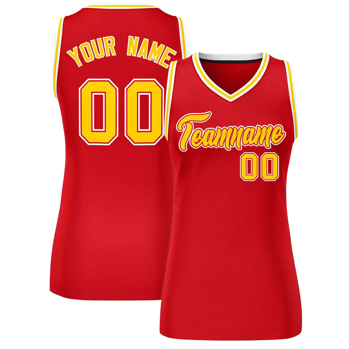 Maillot de basket-ball classique personnalisé rouge, or et blanc pour femme