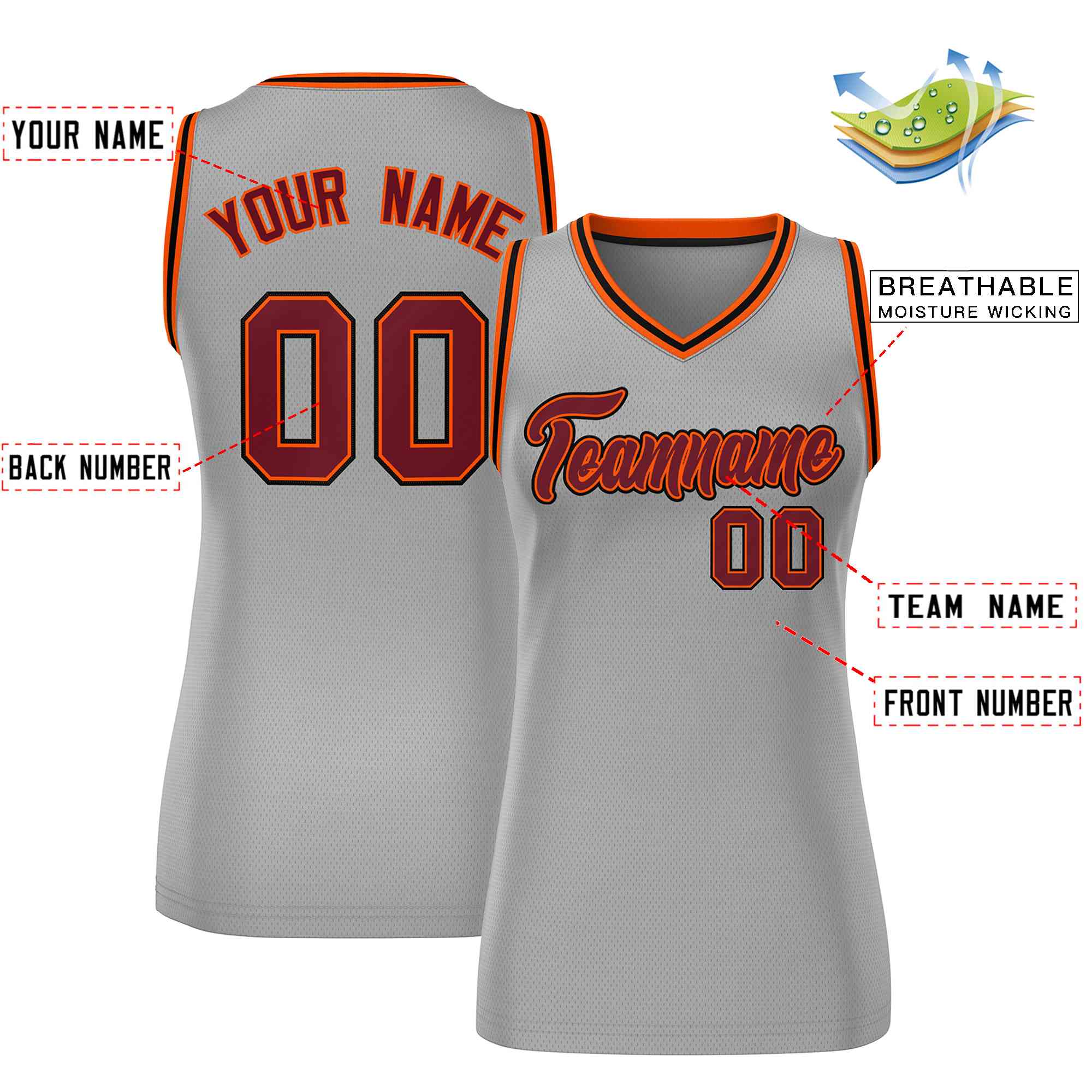 Benutzerdefiniertes grau-kastanienbraun-schwarzes klassisches Tops-Mesh-Basketballtrikot für Frauen