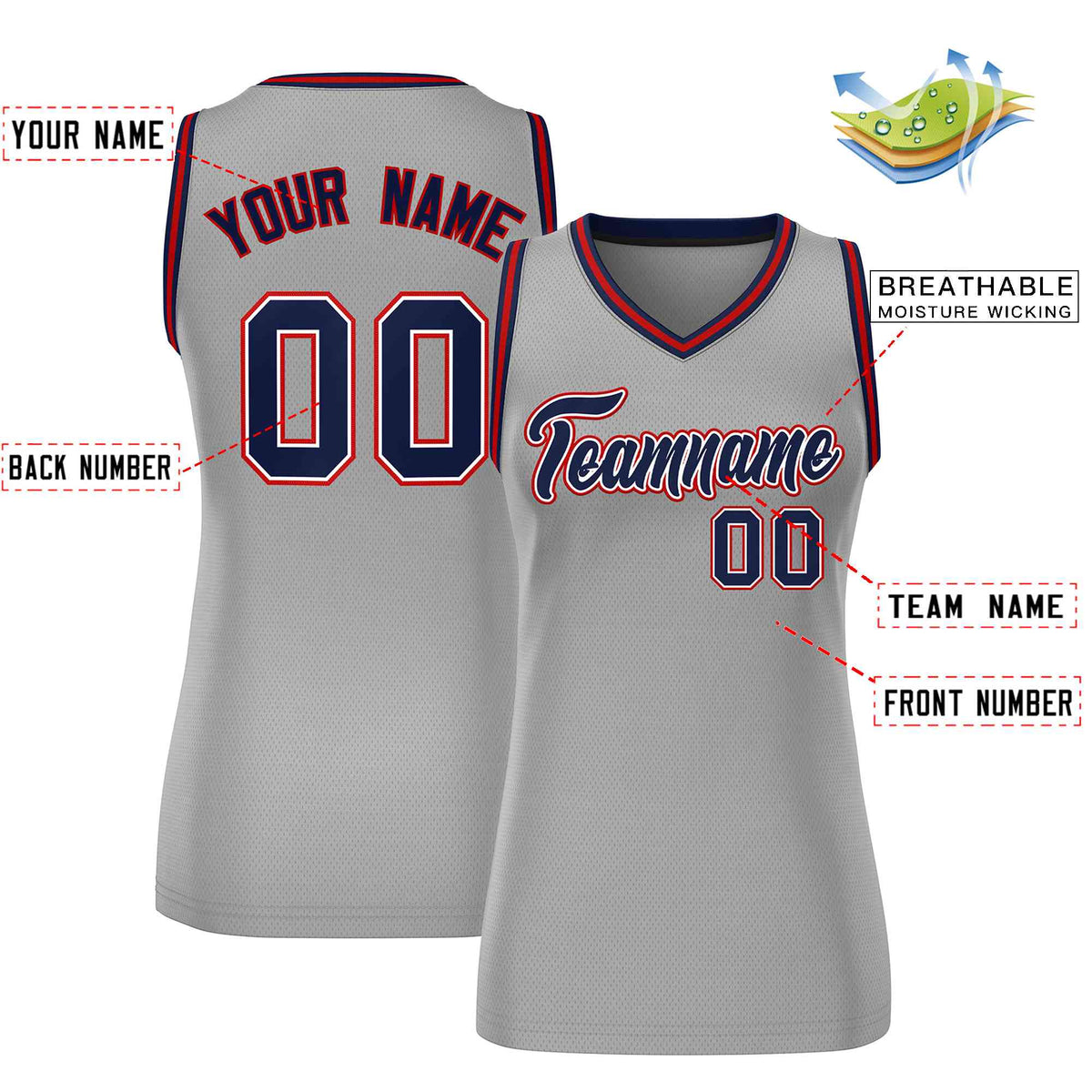 Maillot de basket-ball classique gris bleu marine et rouge personnalisé pour femme
