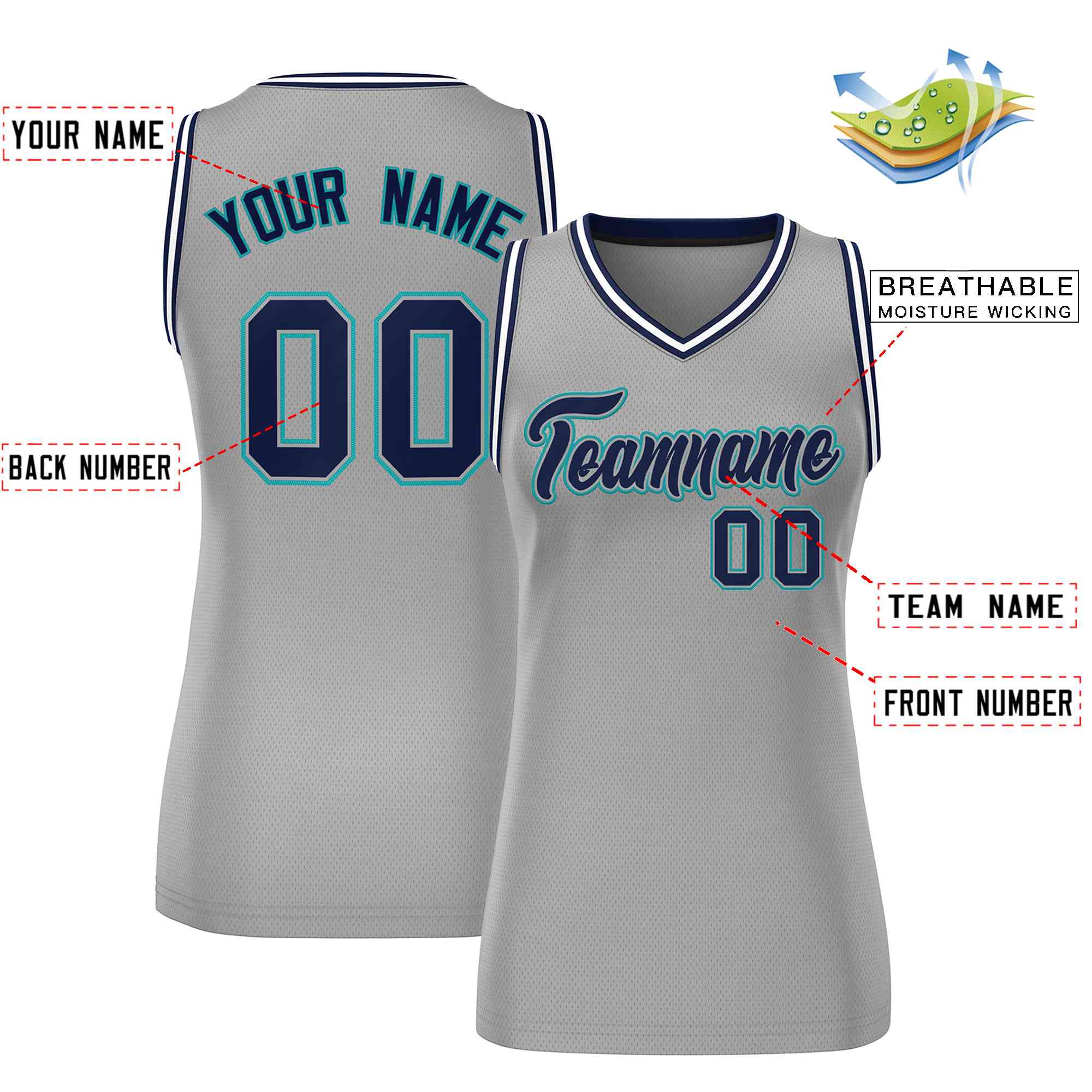 Maillot de basket-ball classique gris bleu marine et turquoise personnalisé pour femme