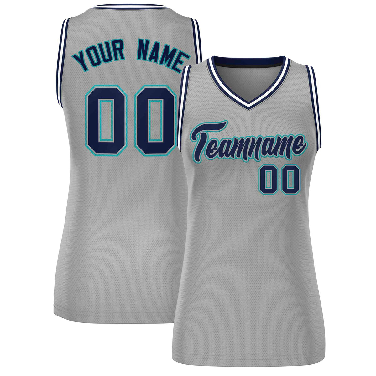 Maillot de basket-ball classique gris bleu marine et turquoise personnalisé pour femme