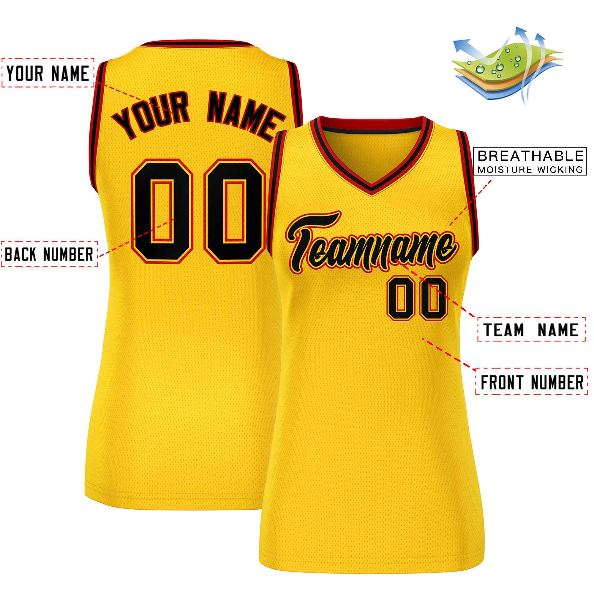 Maillot de basket-ball classique personnalisé jaune, noir et rouge pour femme