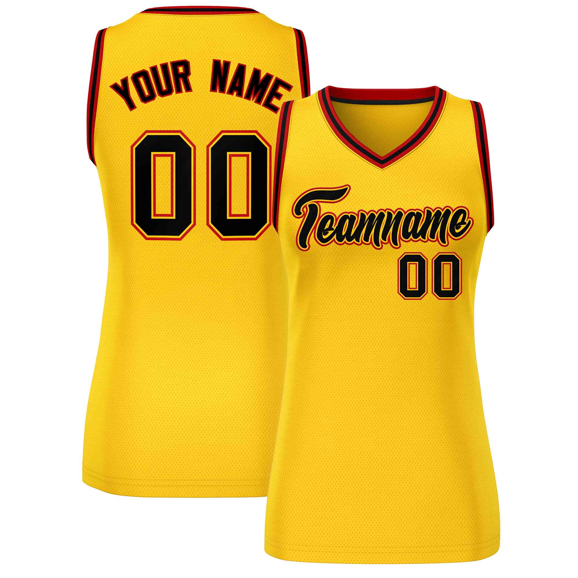 Maillot de basket-ball classique personnalisé jaune, noir et rouge pour femme