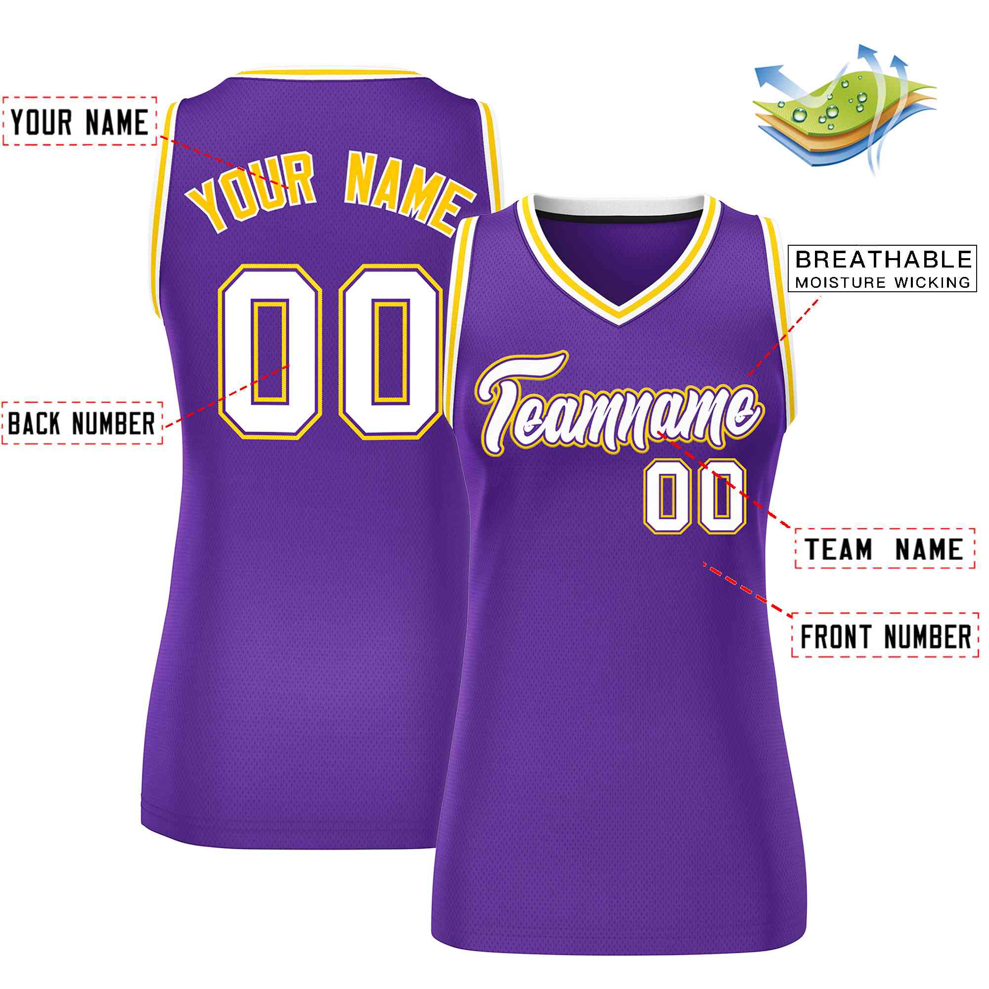 Maillot de basket-ball classique violet, blanc et or, personnalisé, en maille pour femme