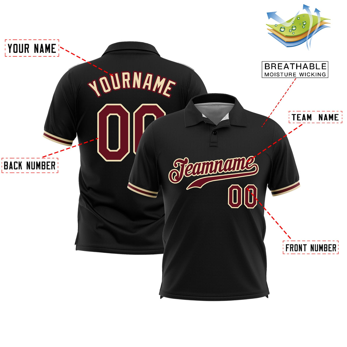 Custom Black Crimson-Khaki Design Performance Polo Shirt