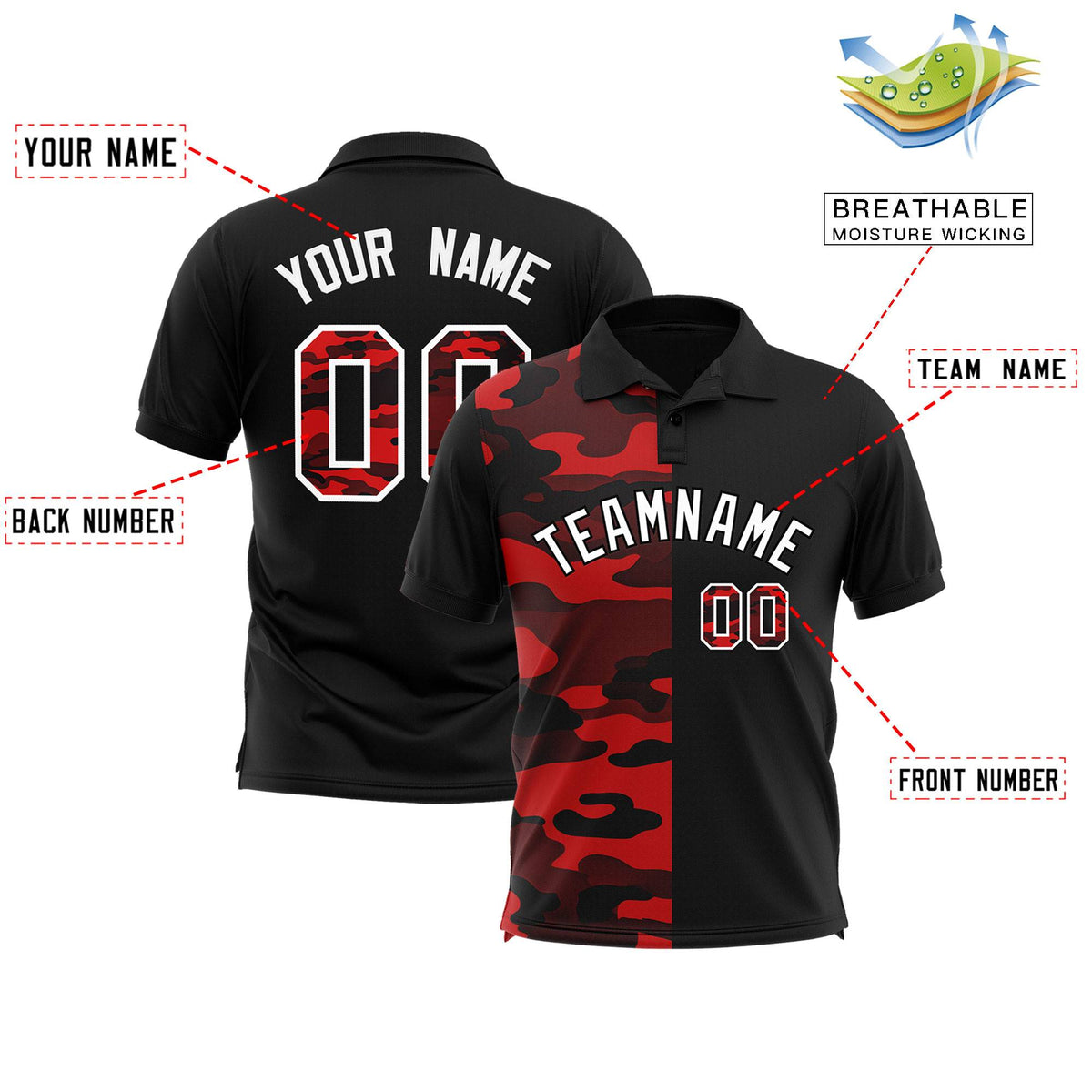 Custom Black Camo Split Fashion Authentic Performance Polo Shirt