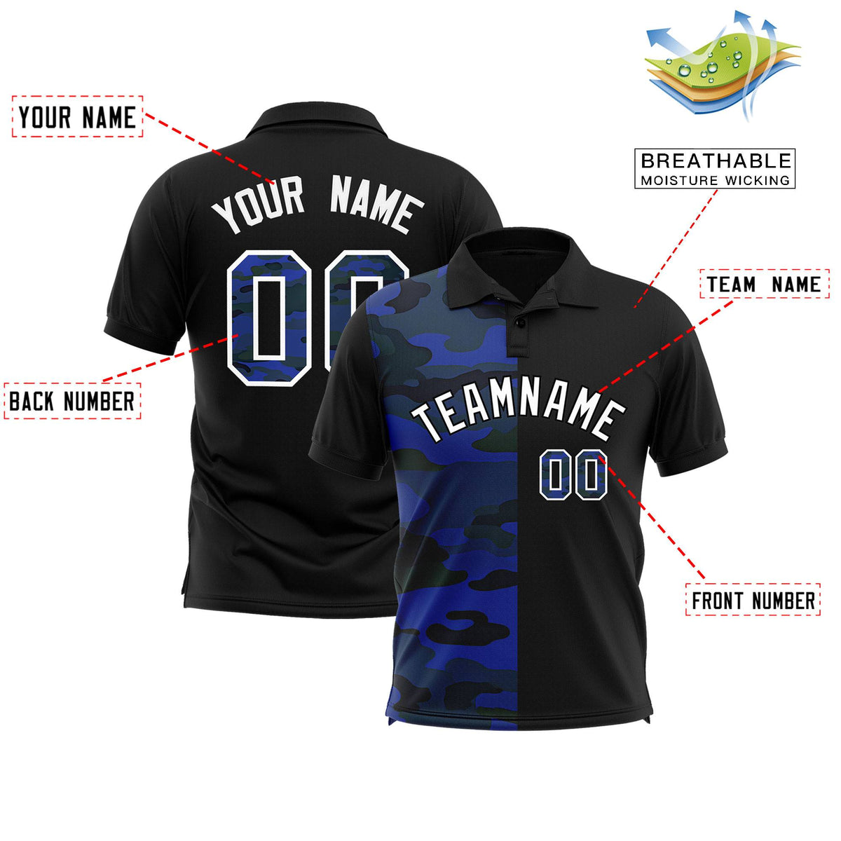 Custom Black Camo Split Fashion Authentic Performance Polo Shirt