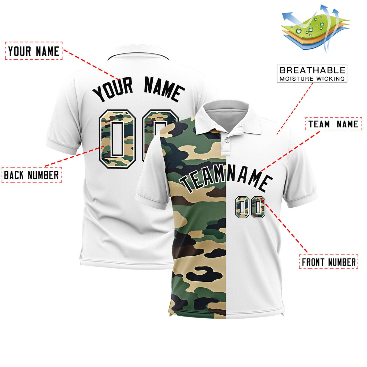Custom White Camo Split Fashion Authentic Performance Polo Shirt
