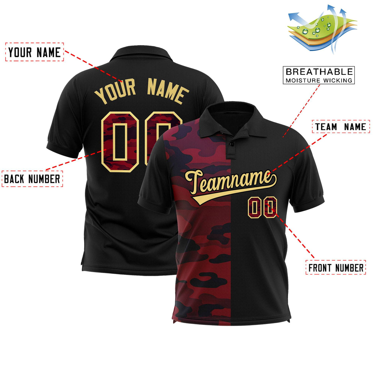 Custom Black Camo Split Fashion Authentic Performance Polo Shirt