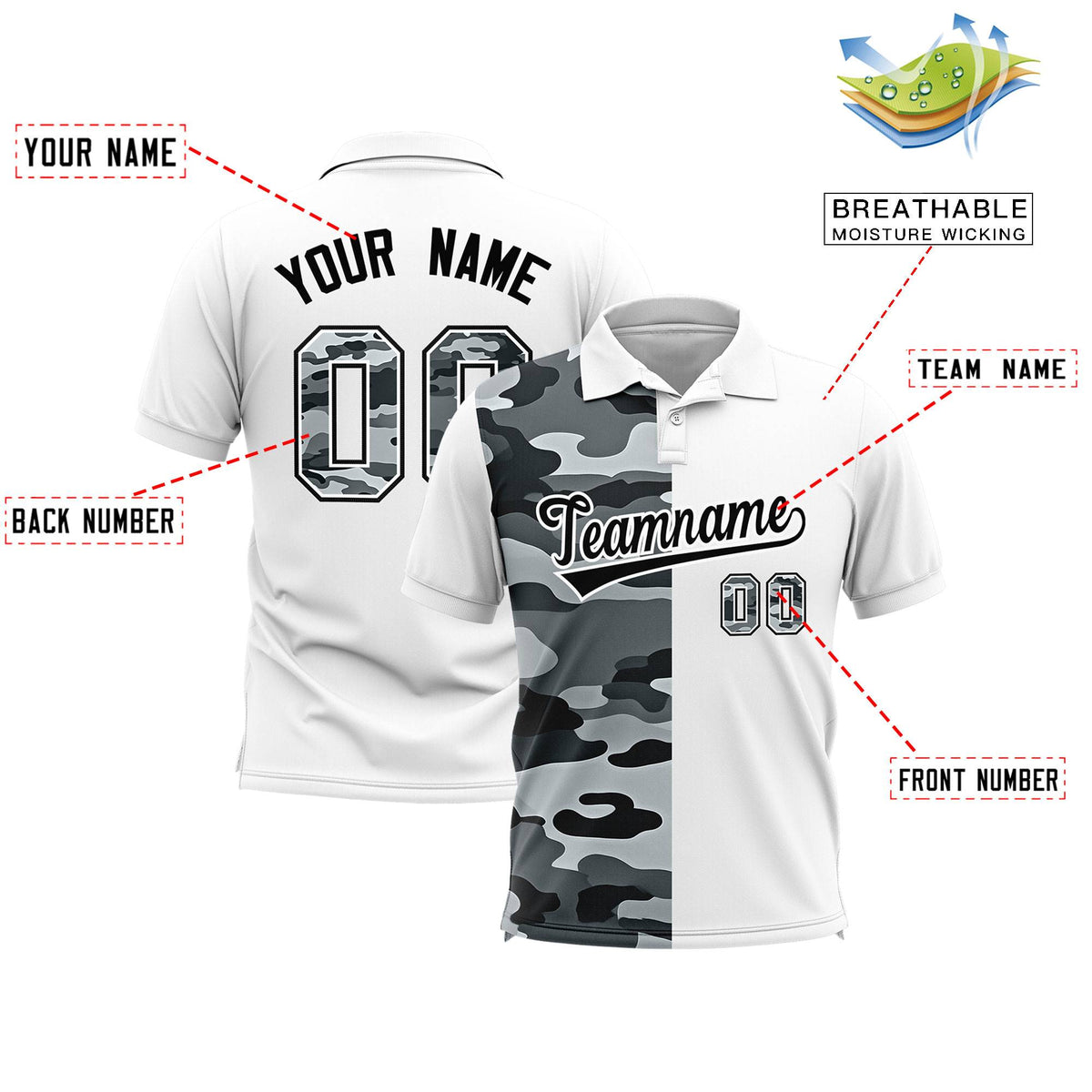 Custom White Camo Split Fashion Authentic Performance Polo Shirt