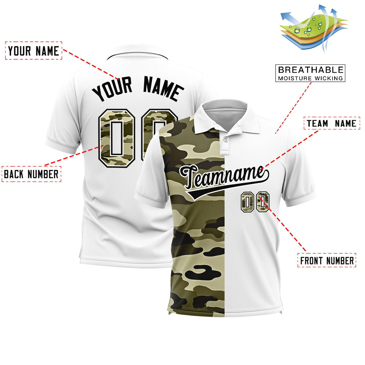 Custom White Camo Split Fashion Authentic Performance Polo Shirt