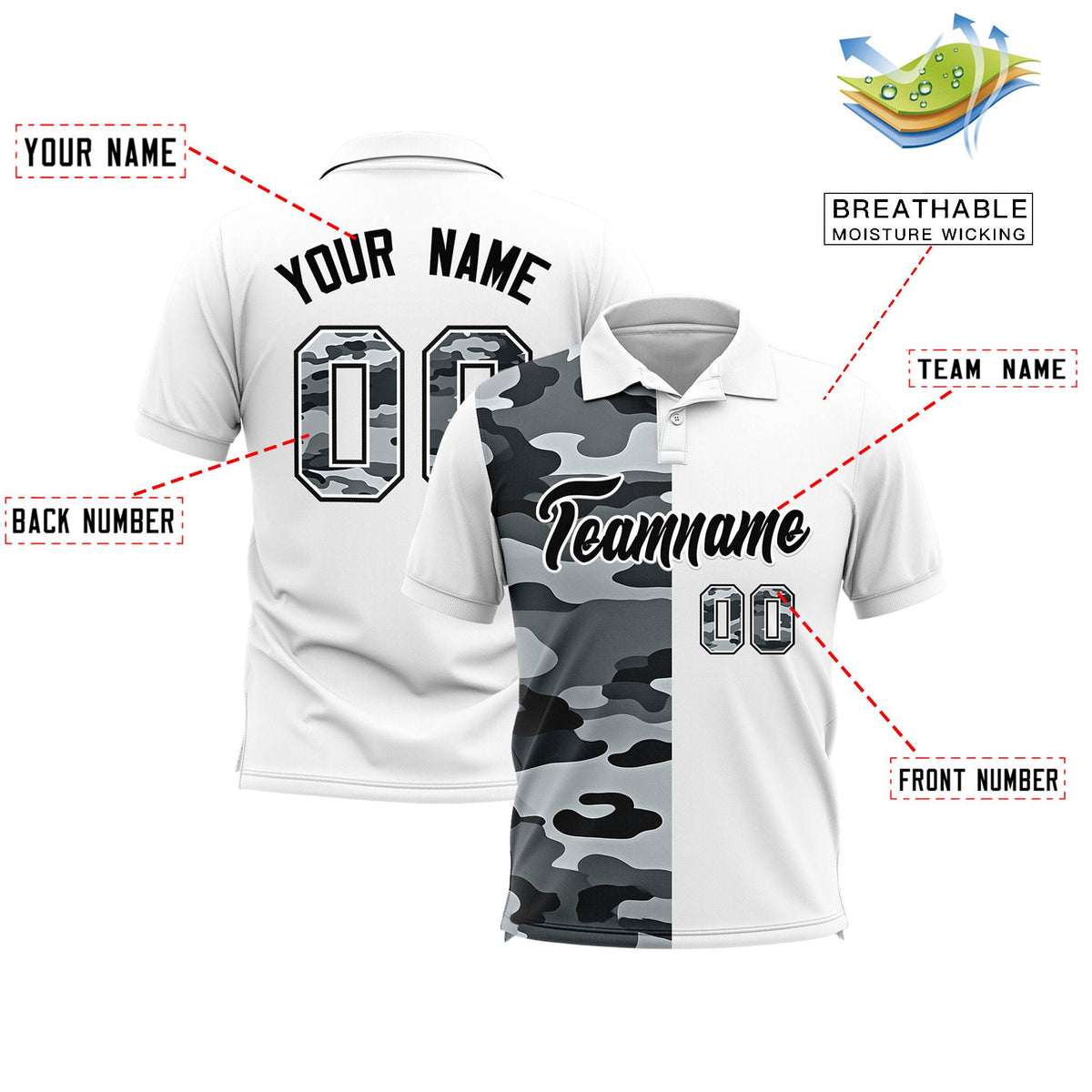 Custom White Camo Split Fashion Authentic Performance Polo Shirt