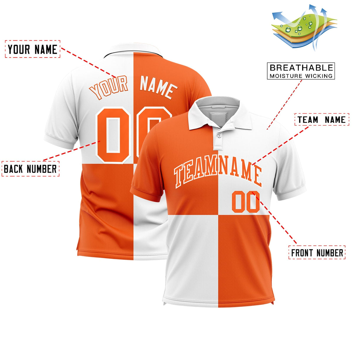 Custom White Orange Four Squares Design Performance Polo Shirt
