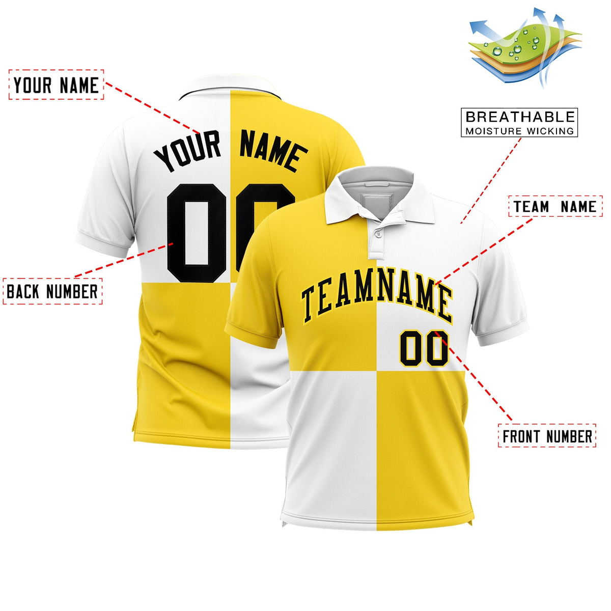 Custom Gold White Four Squares Design Performance Polo Shirt