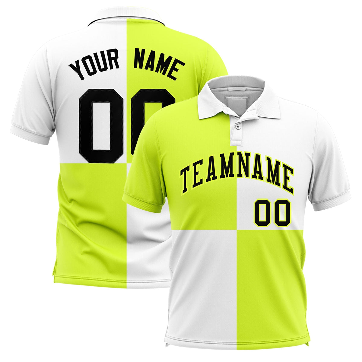 Custom Fluorescent Green White Four Squares Design Performance Polo Shirt