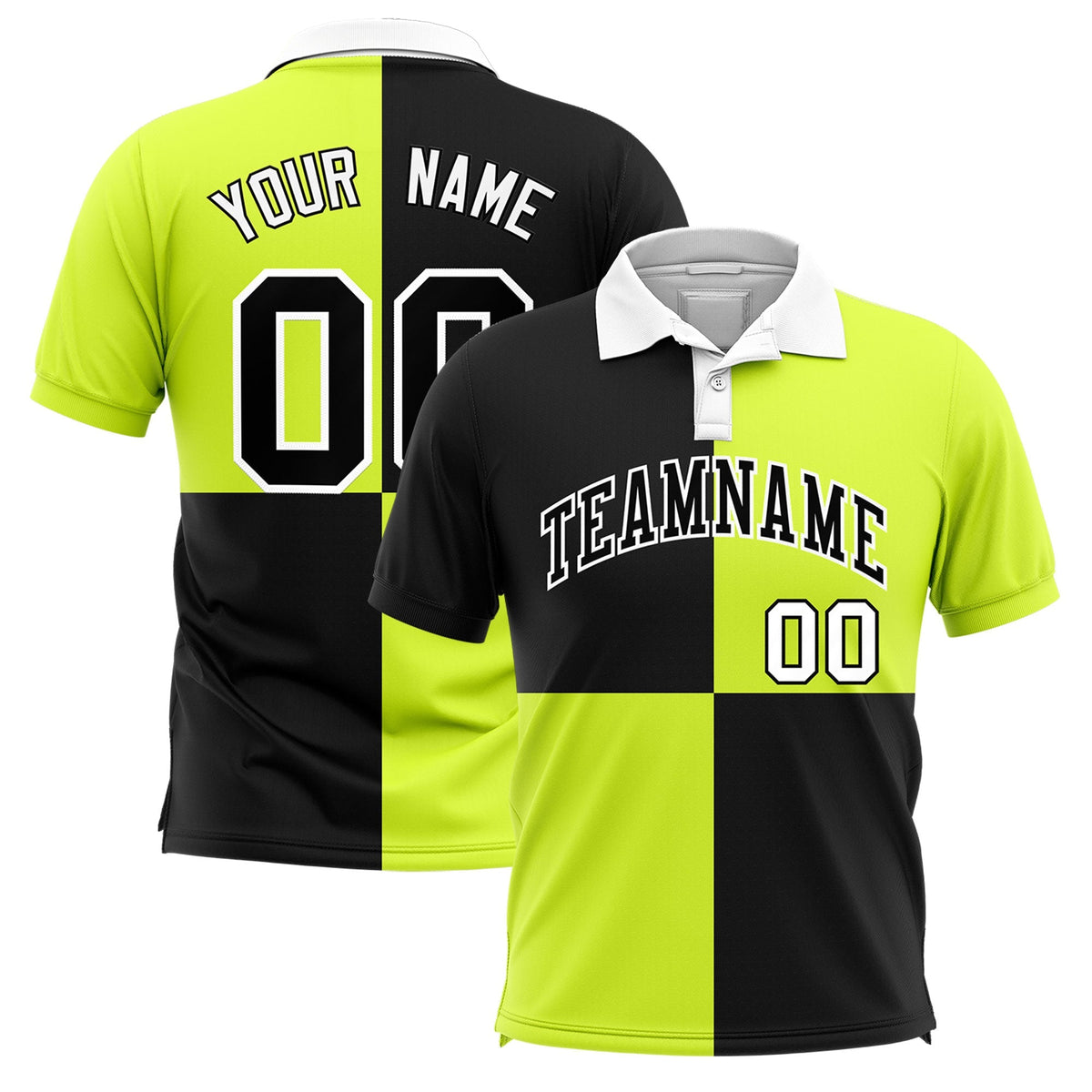 Custom Black Fluorescent Green Four Squares Design Performance Polo Shirt