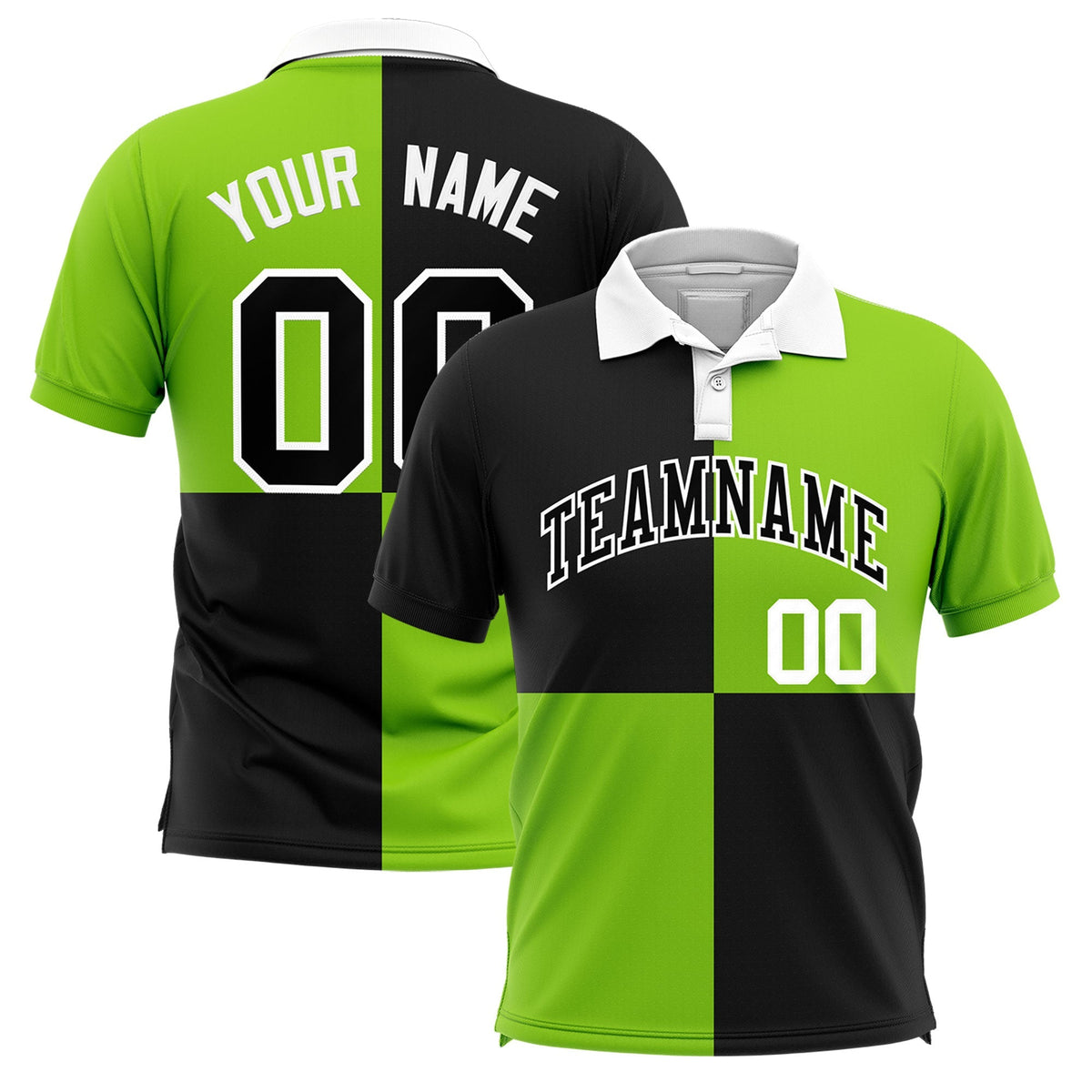 Custom Black Neon Green Four Squares Design Performance Polo Shirt