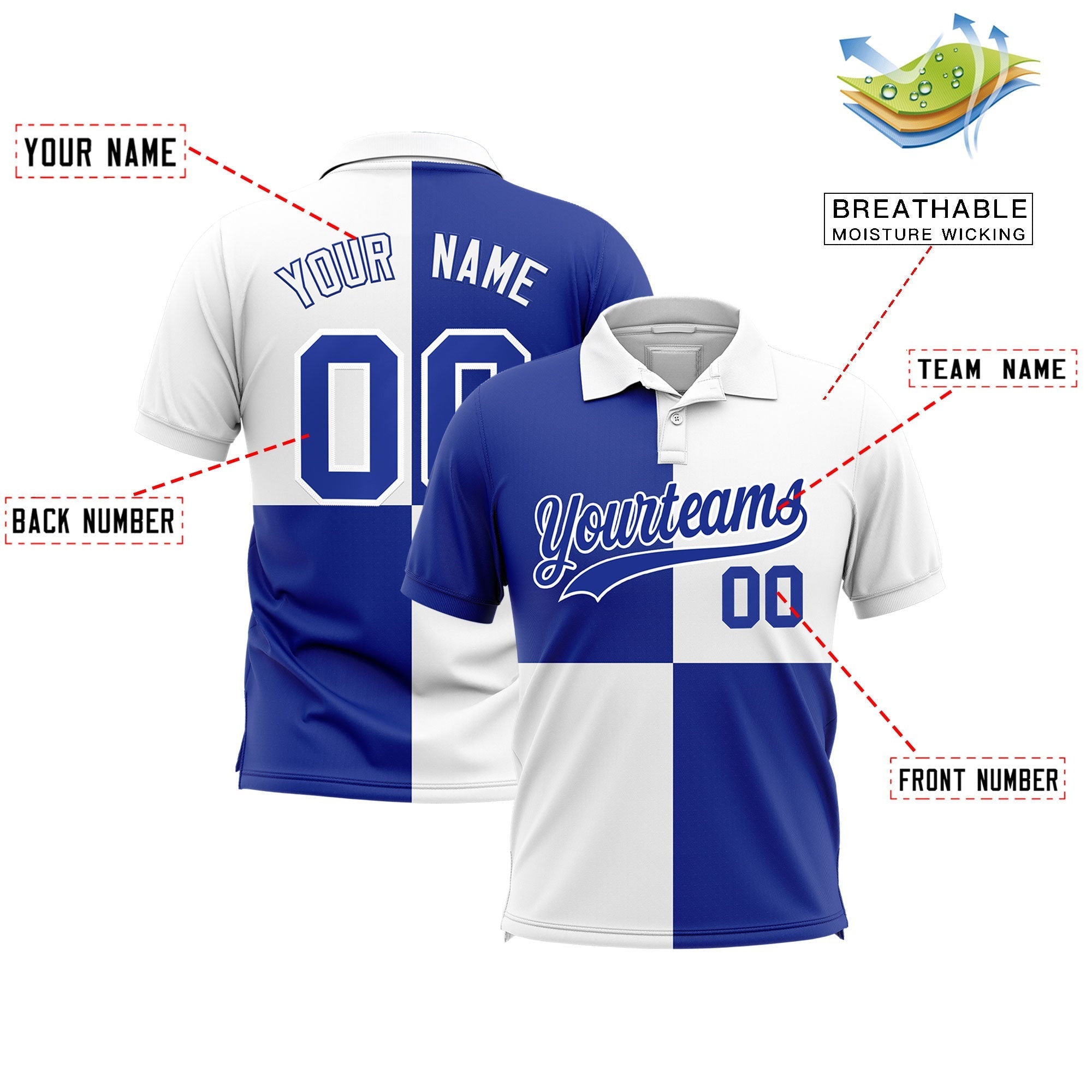 Custom White Royal Four Squares Design Performance Polo Shirt
