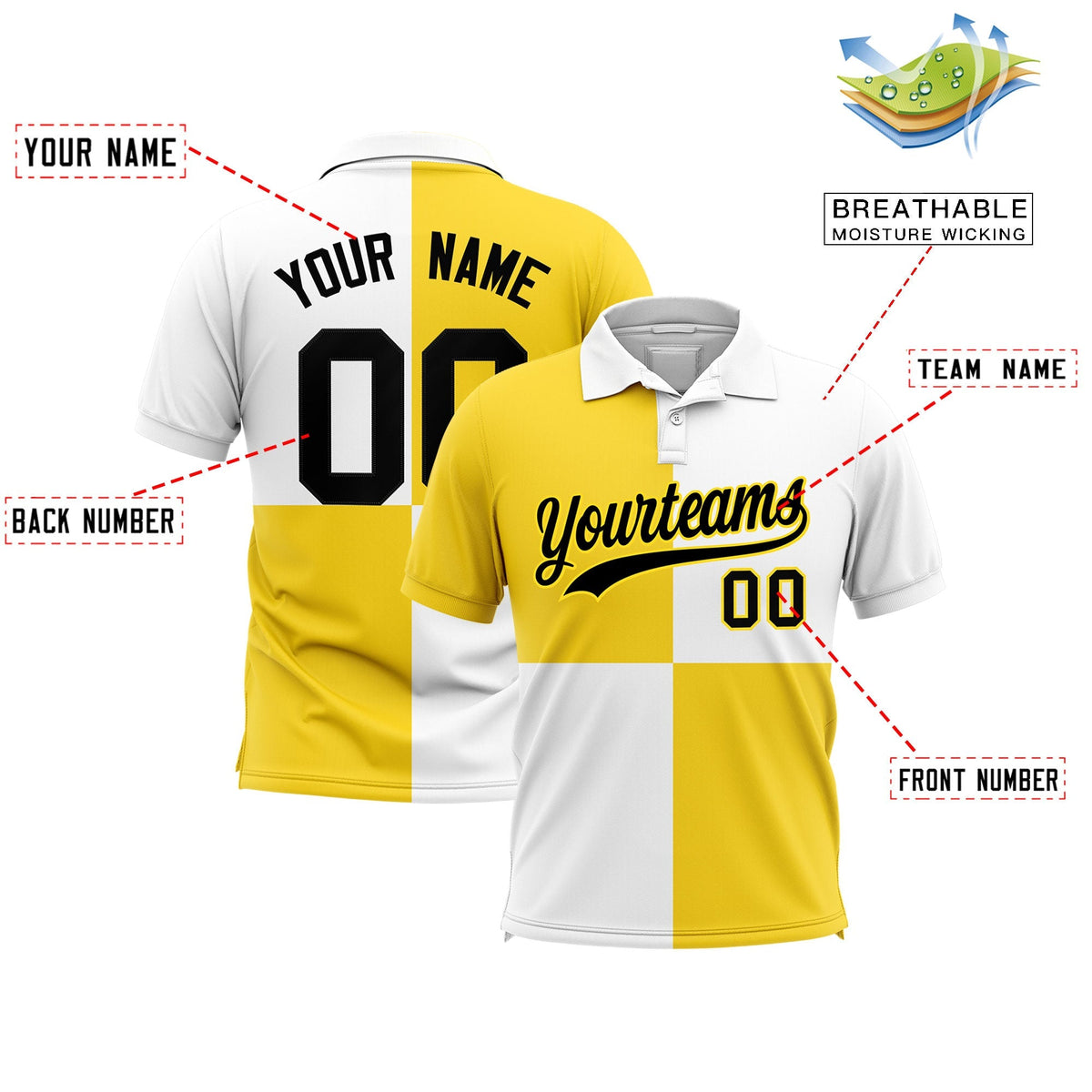 Custom Gold White Four Squares Design Performance Polo Shirt