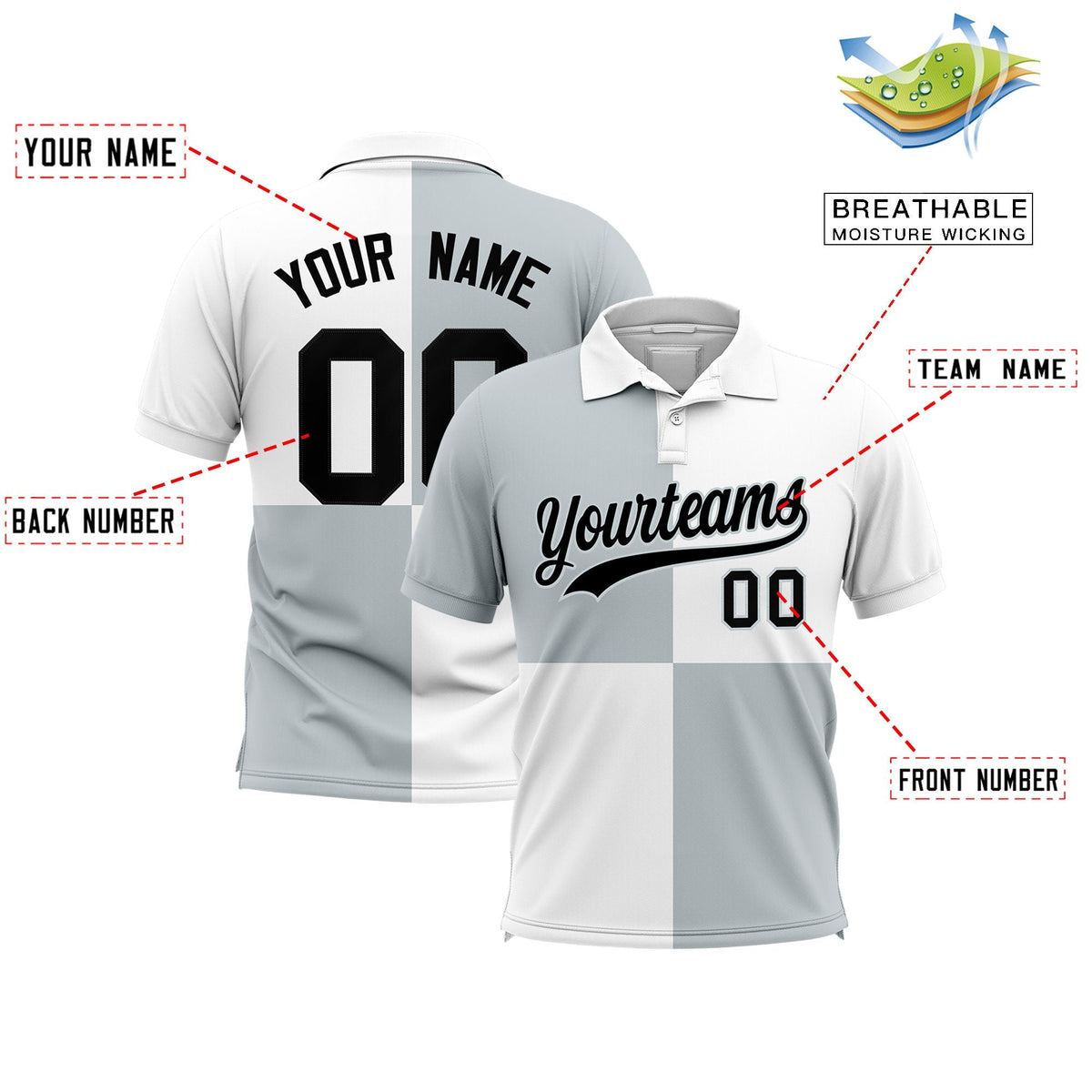 Custom Silver White Four Squares Design Performance Polo Shirt