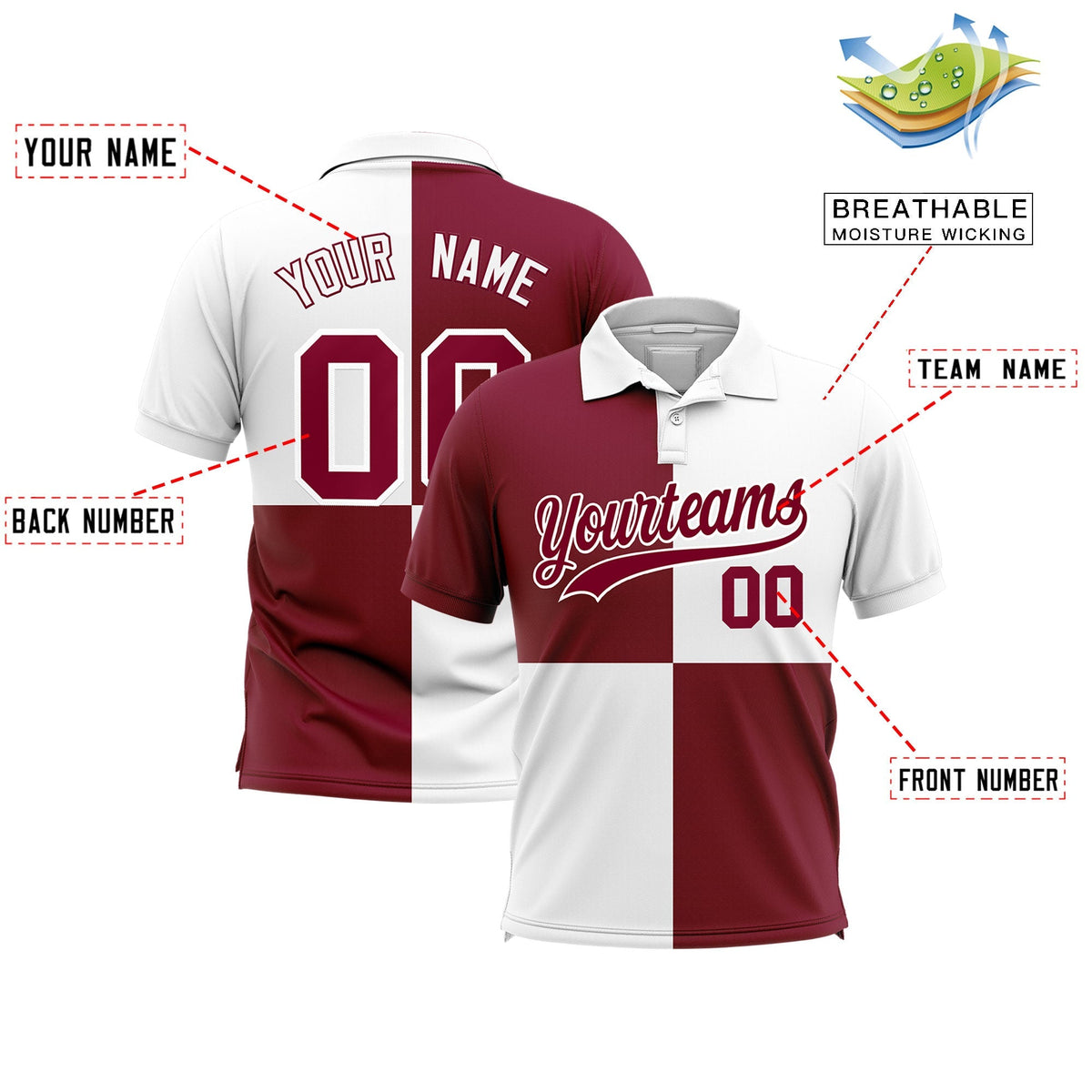 Custom Crimson White Four Squares Design Performance Polo Shirt