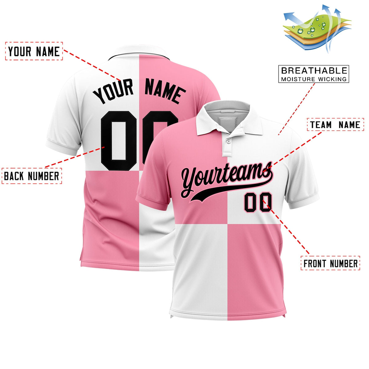 Custom Light Pink White Four Squares Design Performance Polo Shirt