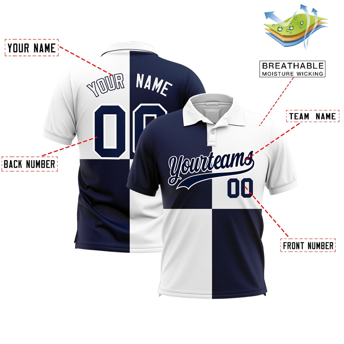 Custom Navy White Four Squares Design Performance Polo Shirt