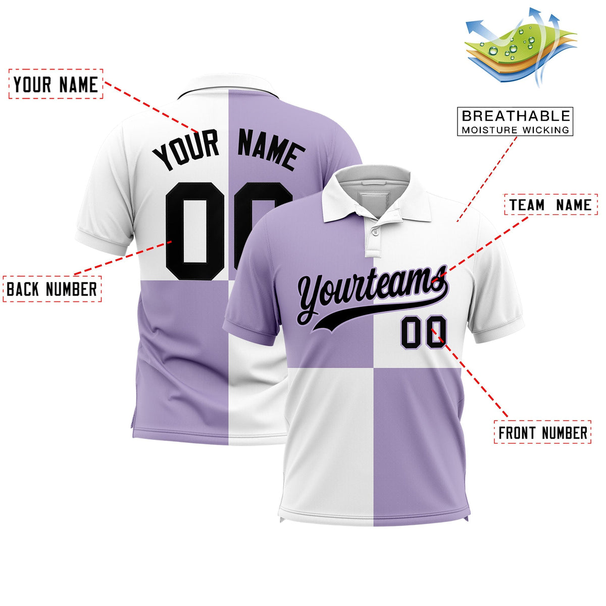 Custom Light Purple White Four Squares Design Performance Polo Shirt