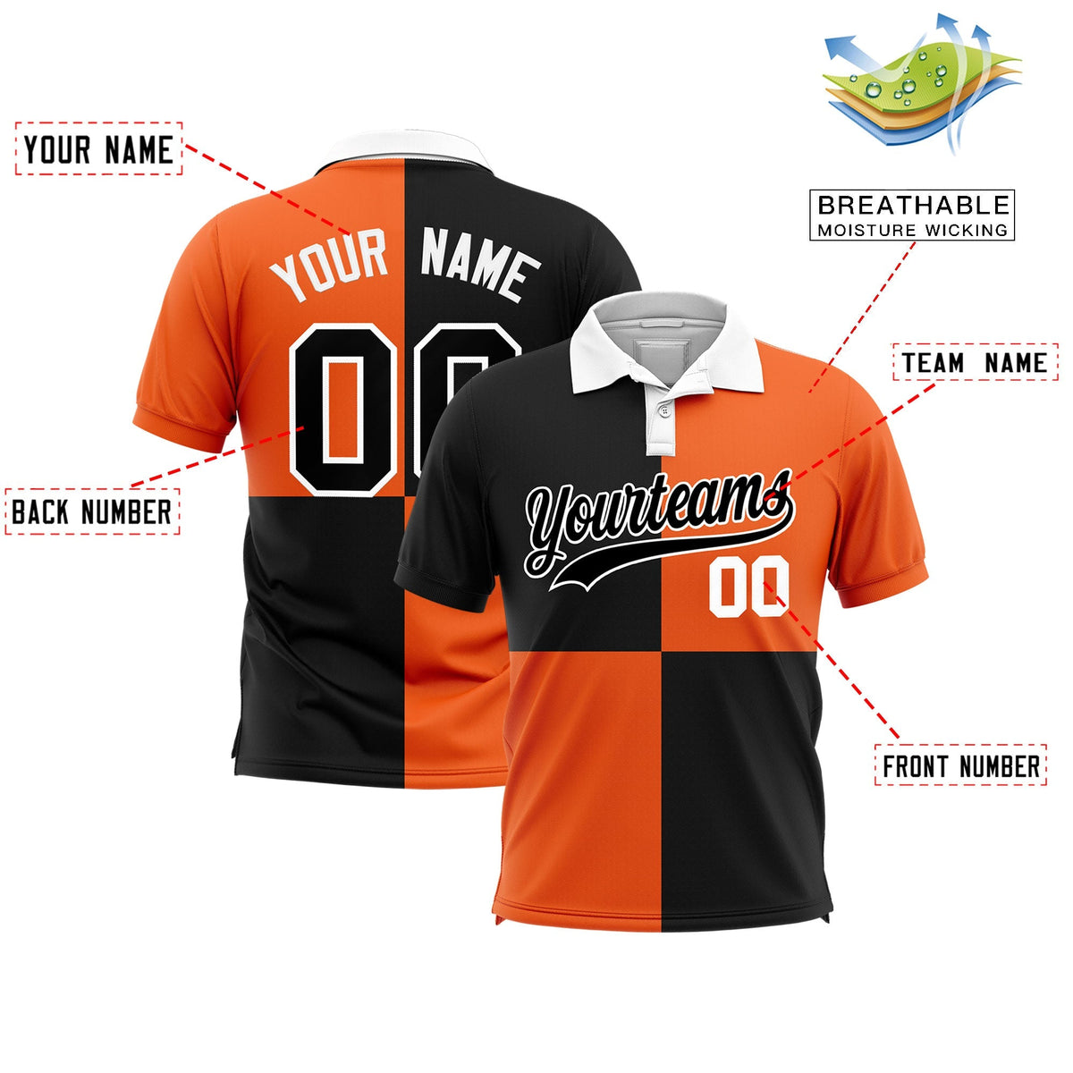 Custom Black Orange Four Squares Design Performance Polo Shirt
