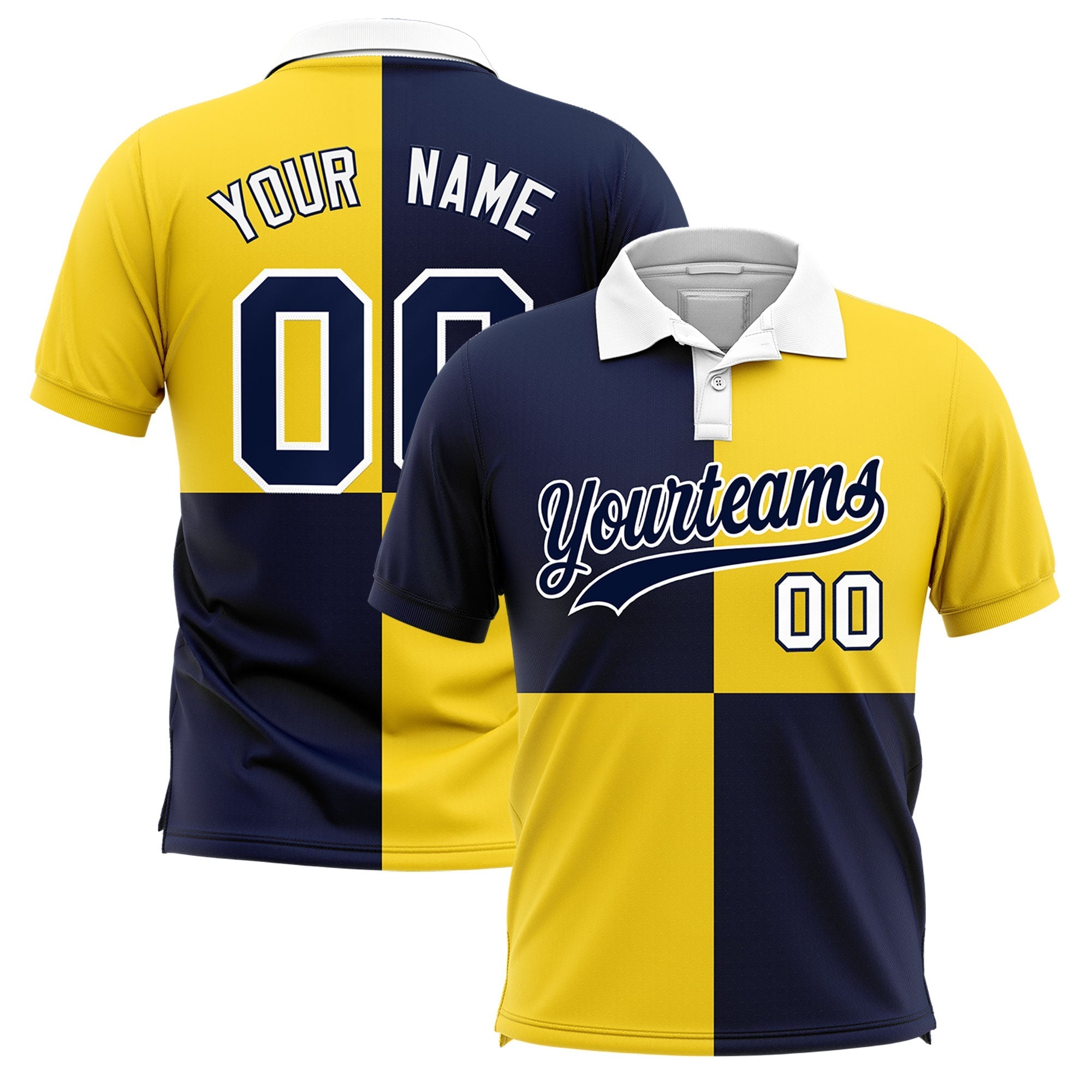 Custom Navy Gold Four Squares Design Performance Polo Shirt