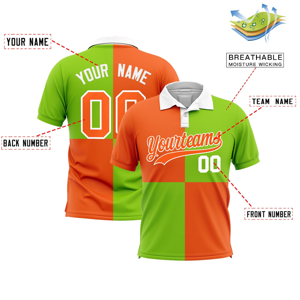 Custom Orange Neon Green Four Squares Design Performance Polo Shirt