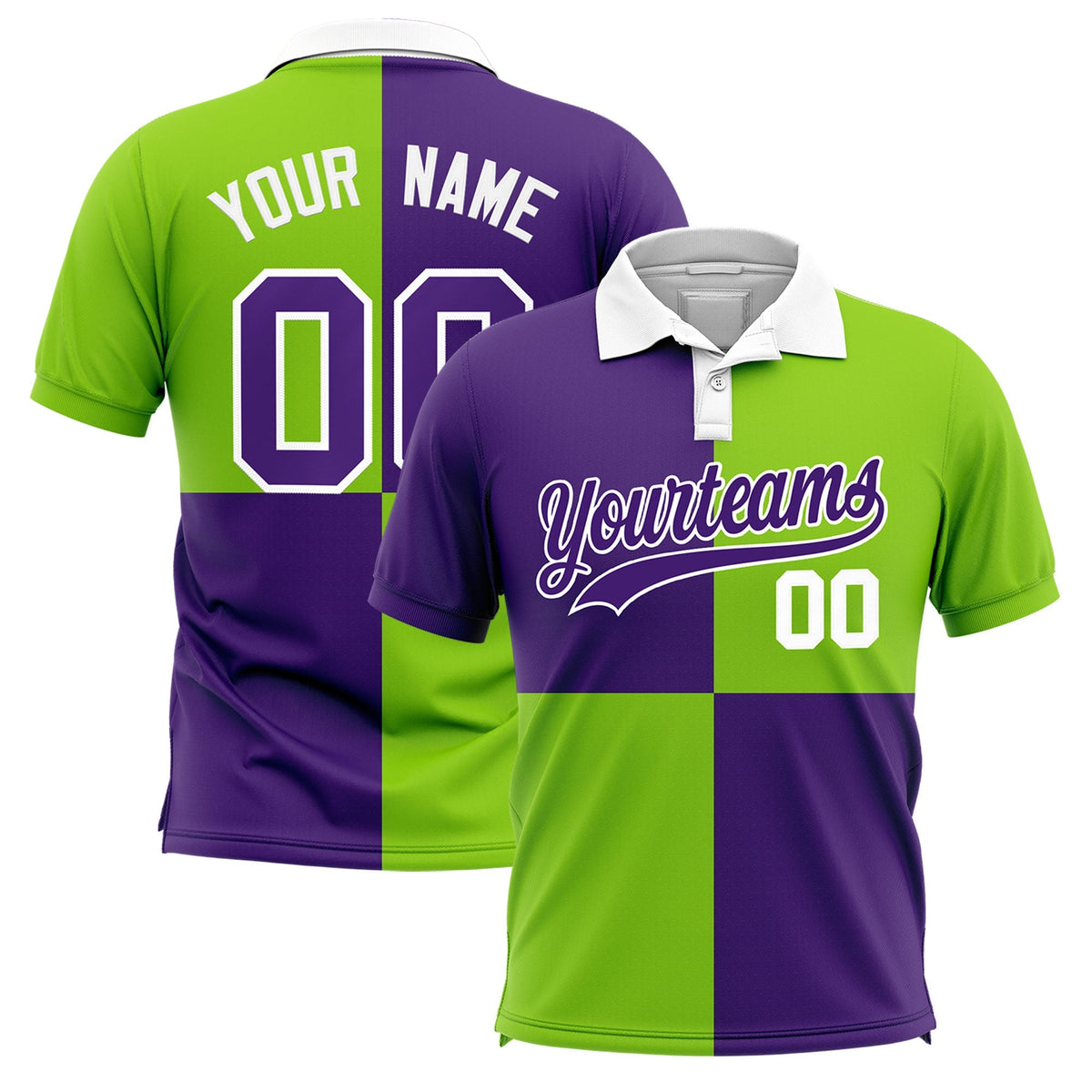 Custom Purple Neon Green Four Squares Design Performance Polo Shirt