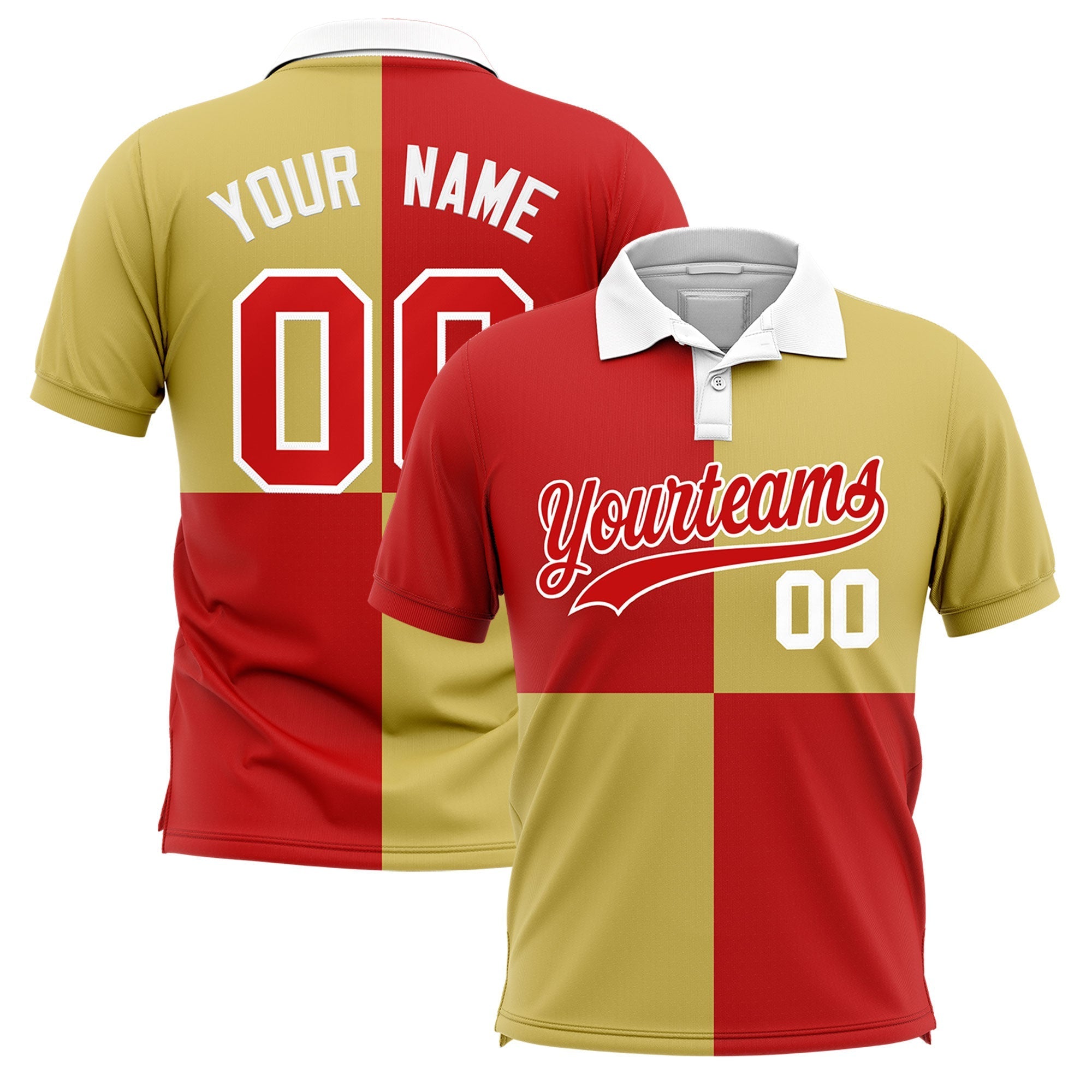 Custom Red Old Gold Four Squares Design Performance Polo Shirt