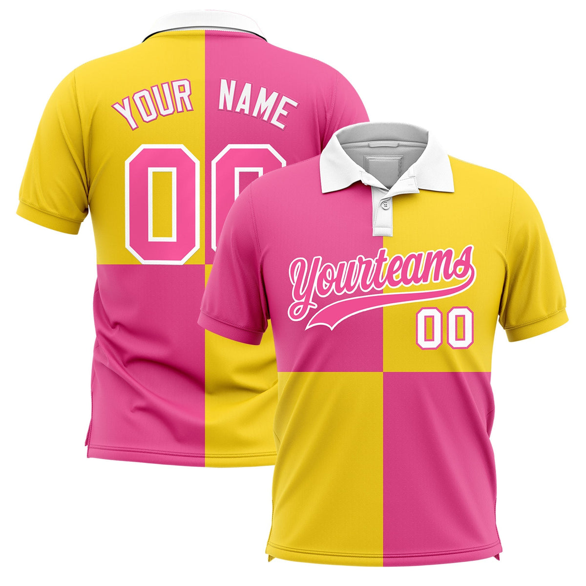 Custom Pink Gold Four Squares Design Performance Polo Shirt