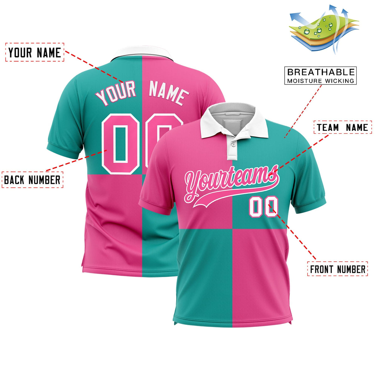 Custom Purple Aqua Four Squares Design Performance Polo Shirt