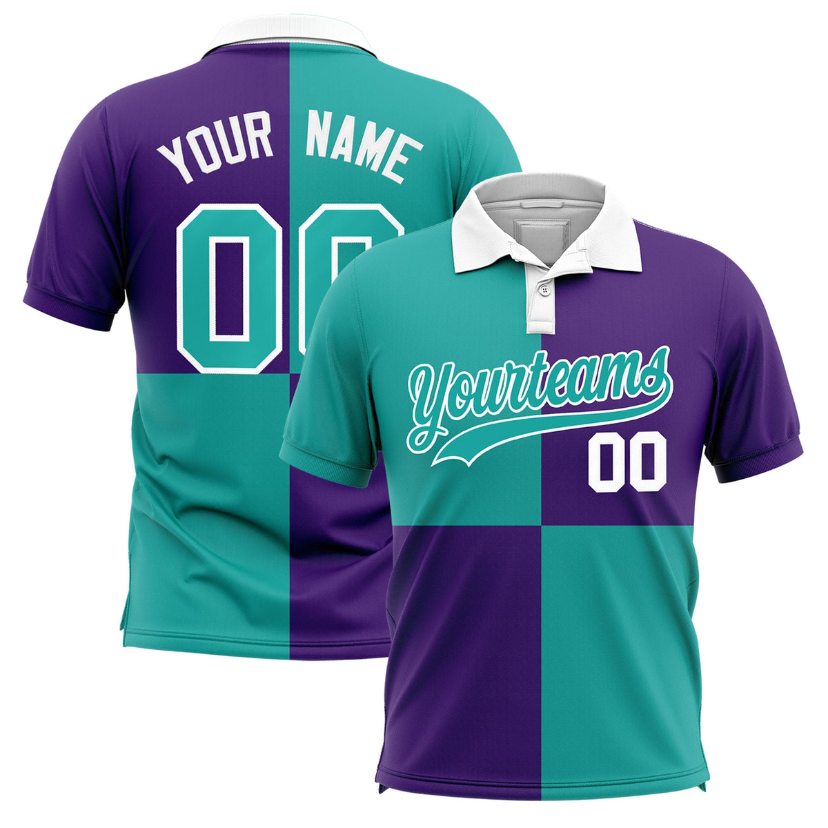 Custom Aqua Purple Four Squares Design Performance Polo Shirt