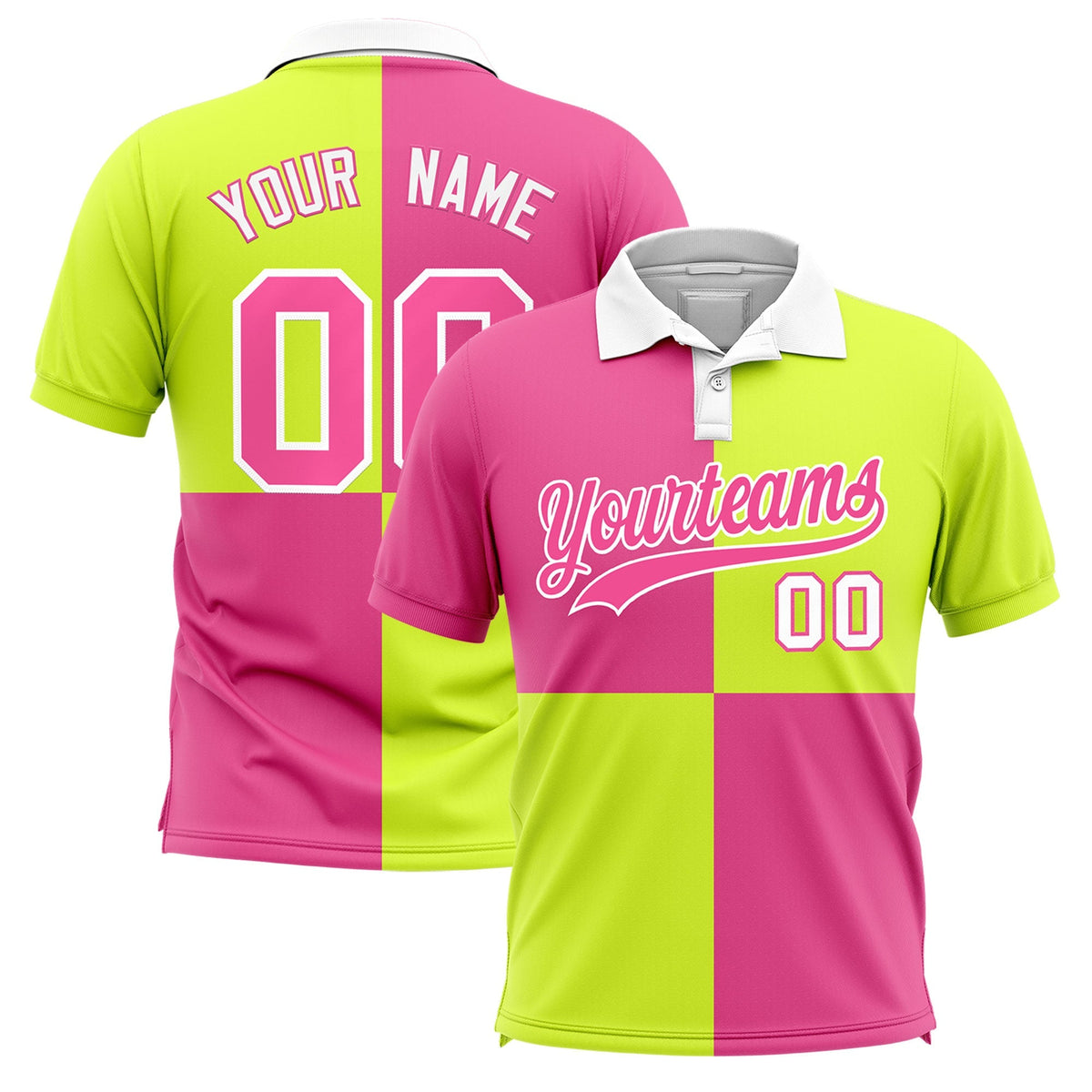 Custom Pink Fluorescent Green Four Squares Design Performance Polo Shirt
