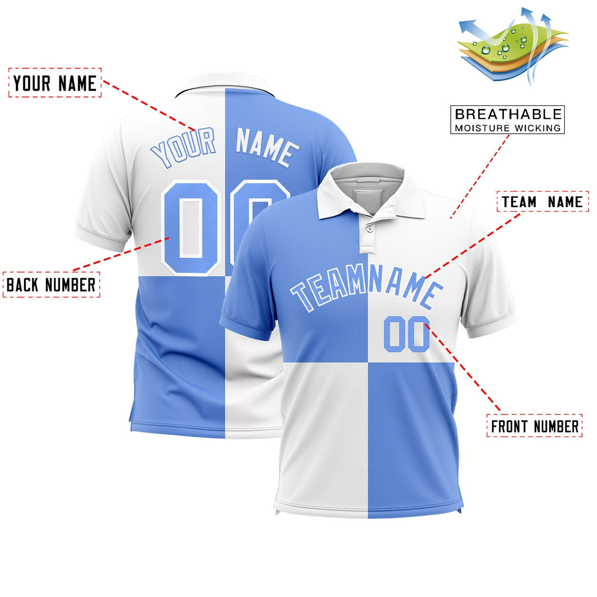 Custom Light Blue White Four Squares Design Performance Polo Shirt