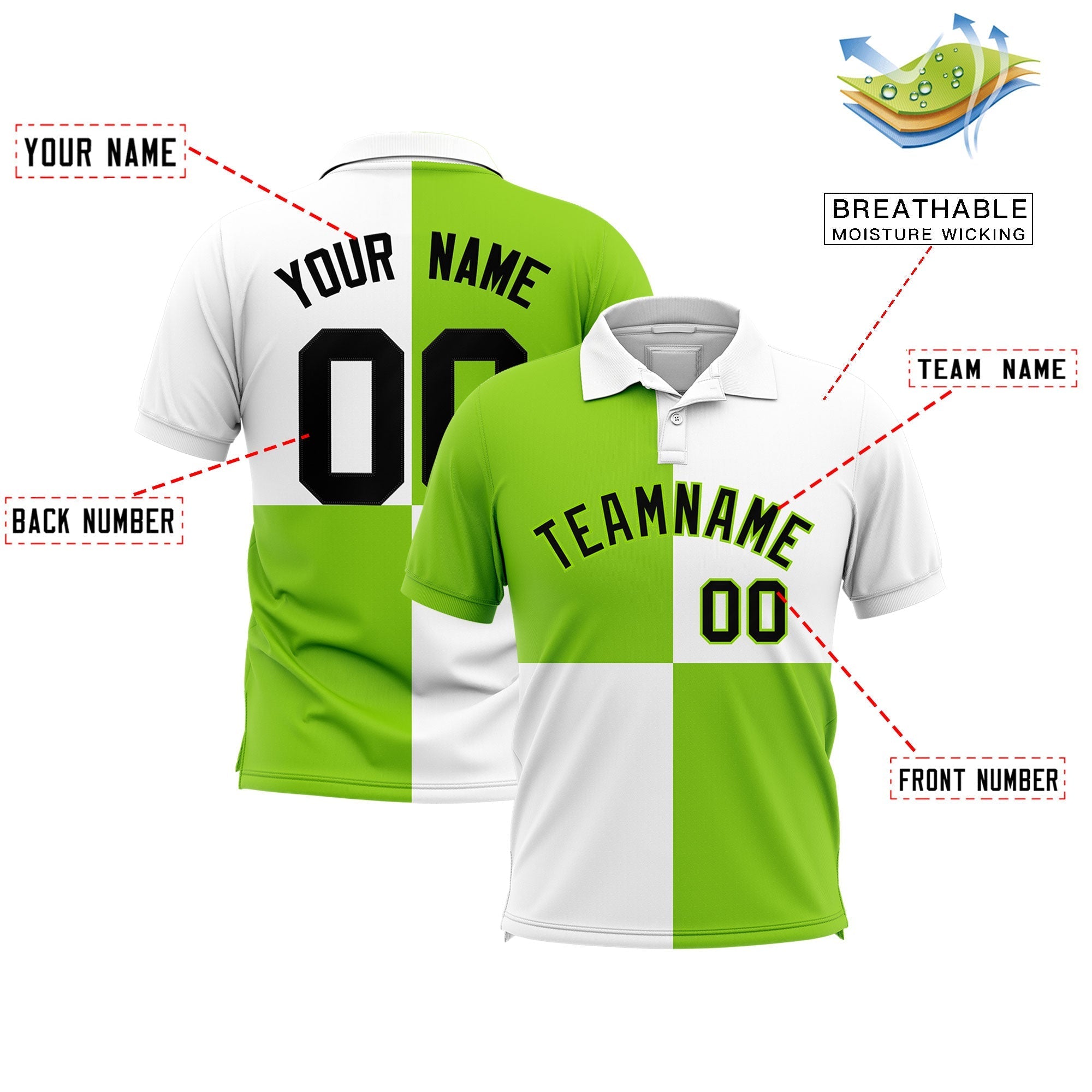 Custom Neon Green White Four Squares Design Performance Polo Shirt