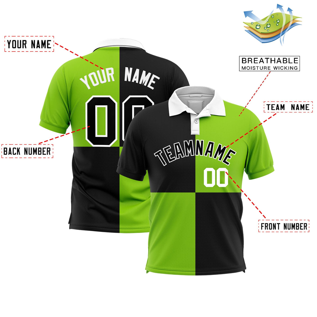 Custom Black Neon Green Four Squares Design Performance Polo Shirt