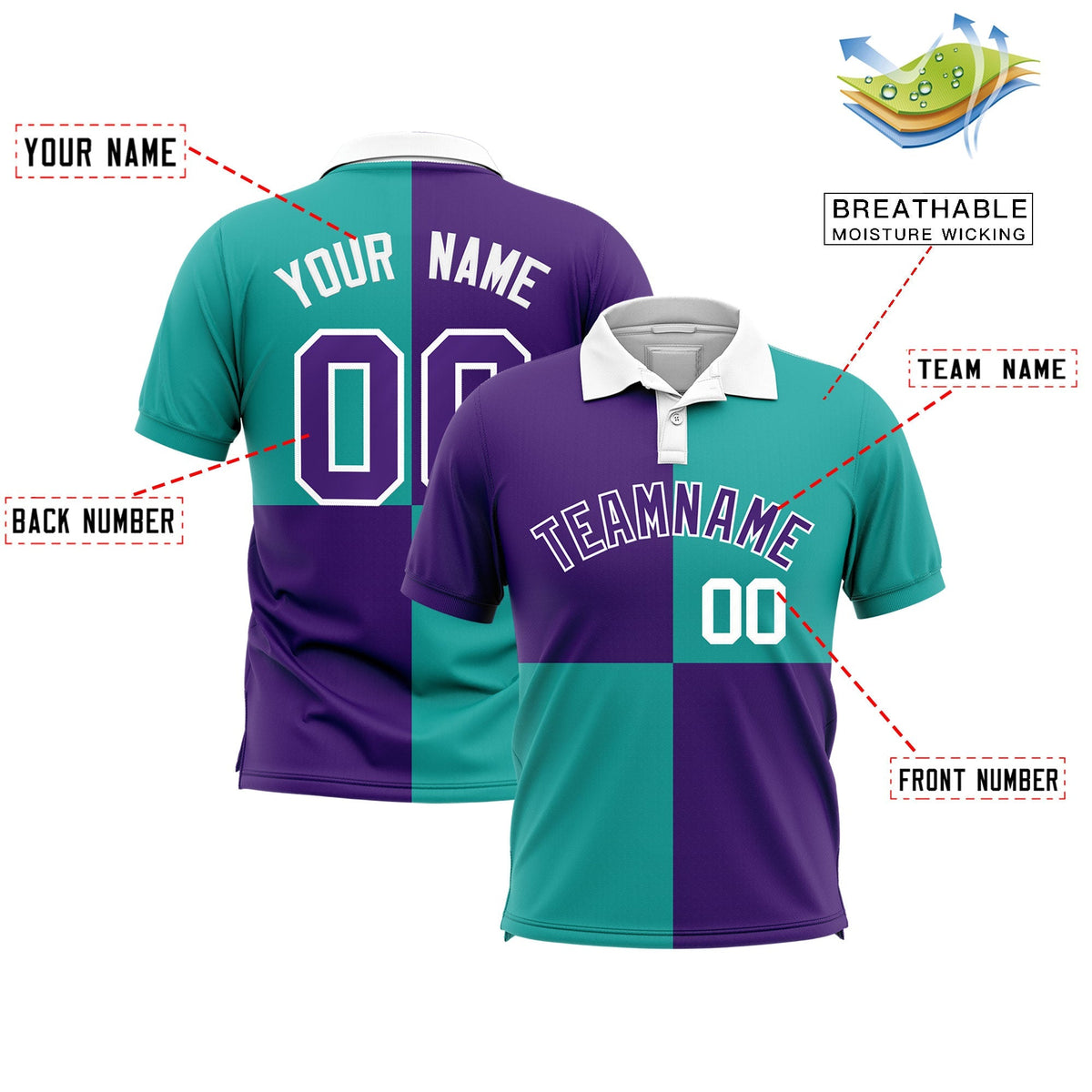 Custom Purple Aqua Four Squares Design Performance Polo Shirt