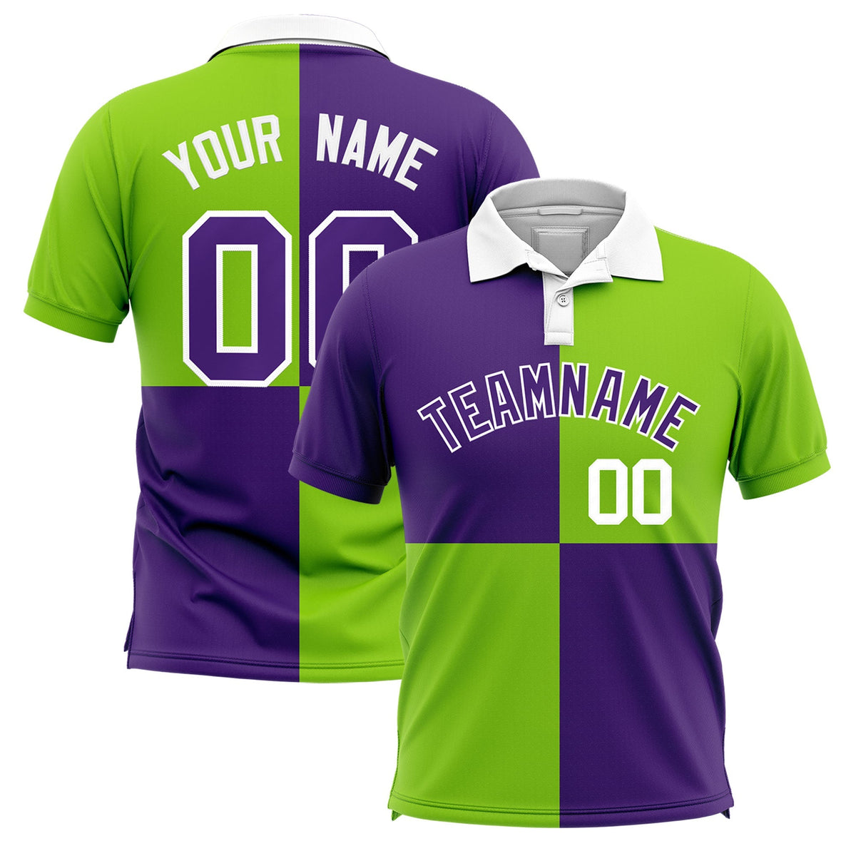 Custom Purple Neon Green Four Squares Design Performance Polo Shirt