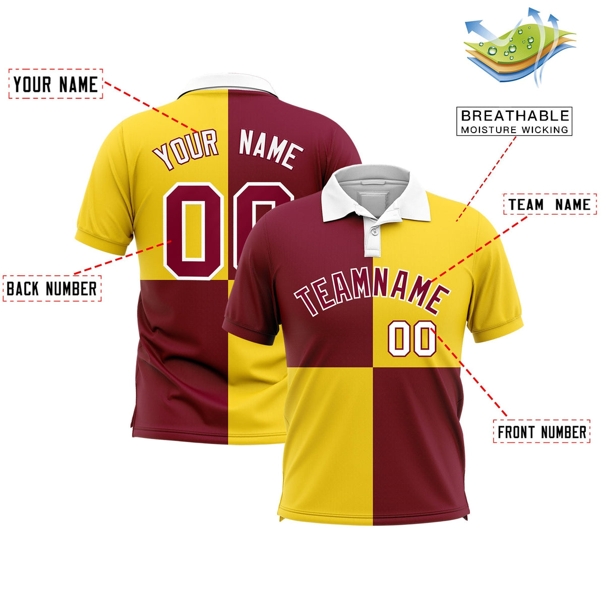 Custom Crimson Gold Four Squares Design Performance Polo Shirt