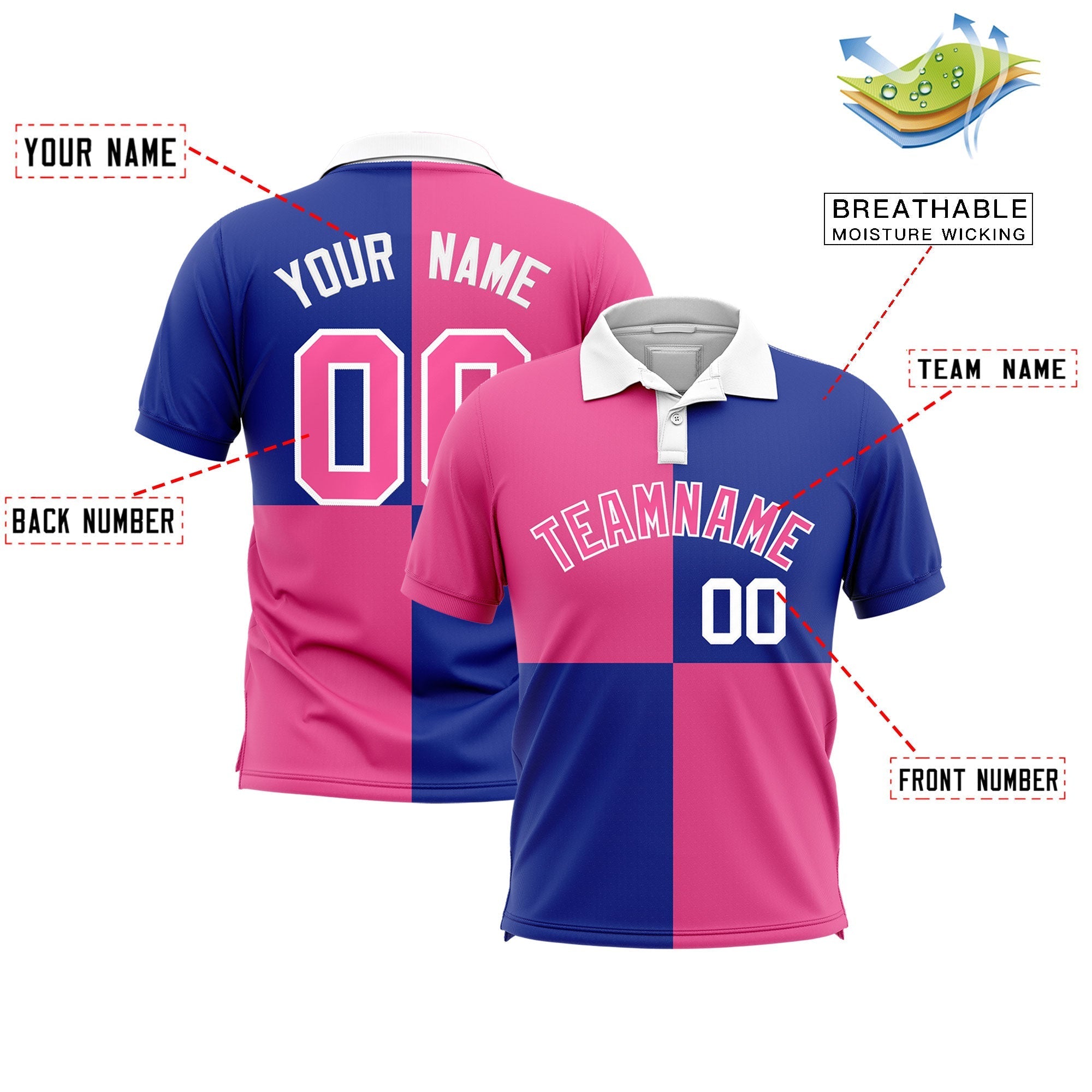Custom Pink Royal Four Squares Design Performance Polo Shirt
