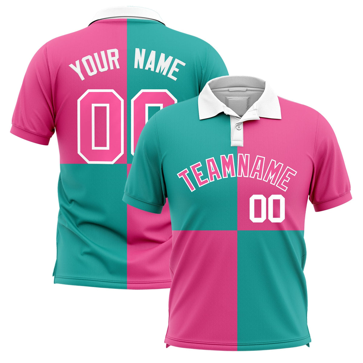 Custom Aqua Pink Four Squares Design Performance Polo Shirt
