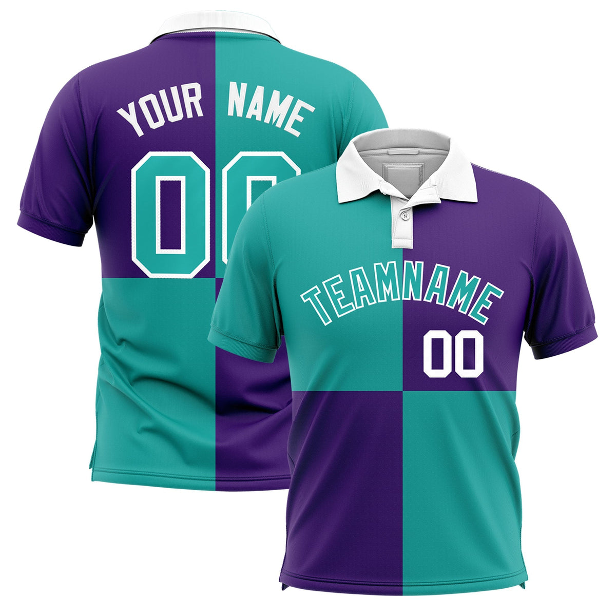 Custom Aqua Purple Four Squares Design Performance Polo Shirt
