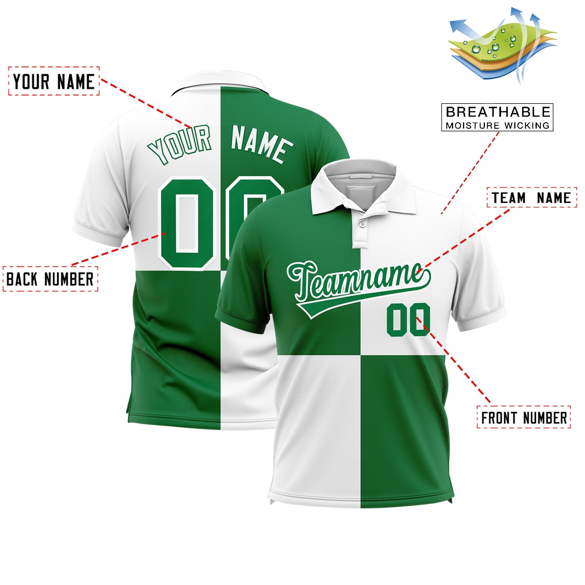 Custom Kelly Green White Four Squares Design Performance Polo Shirt