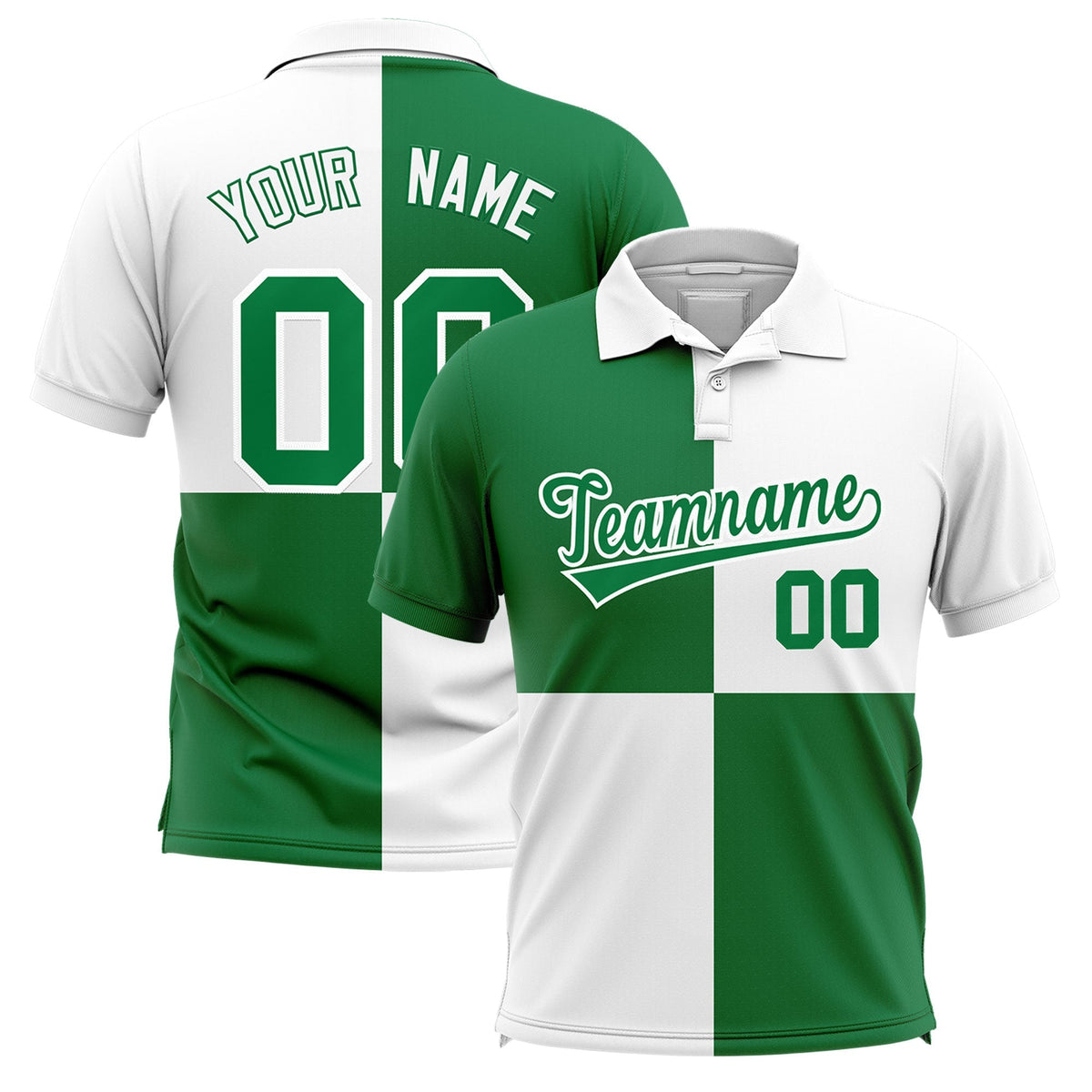 Custom Kelly Green White Four Squares Design Performance Polo Shirt